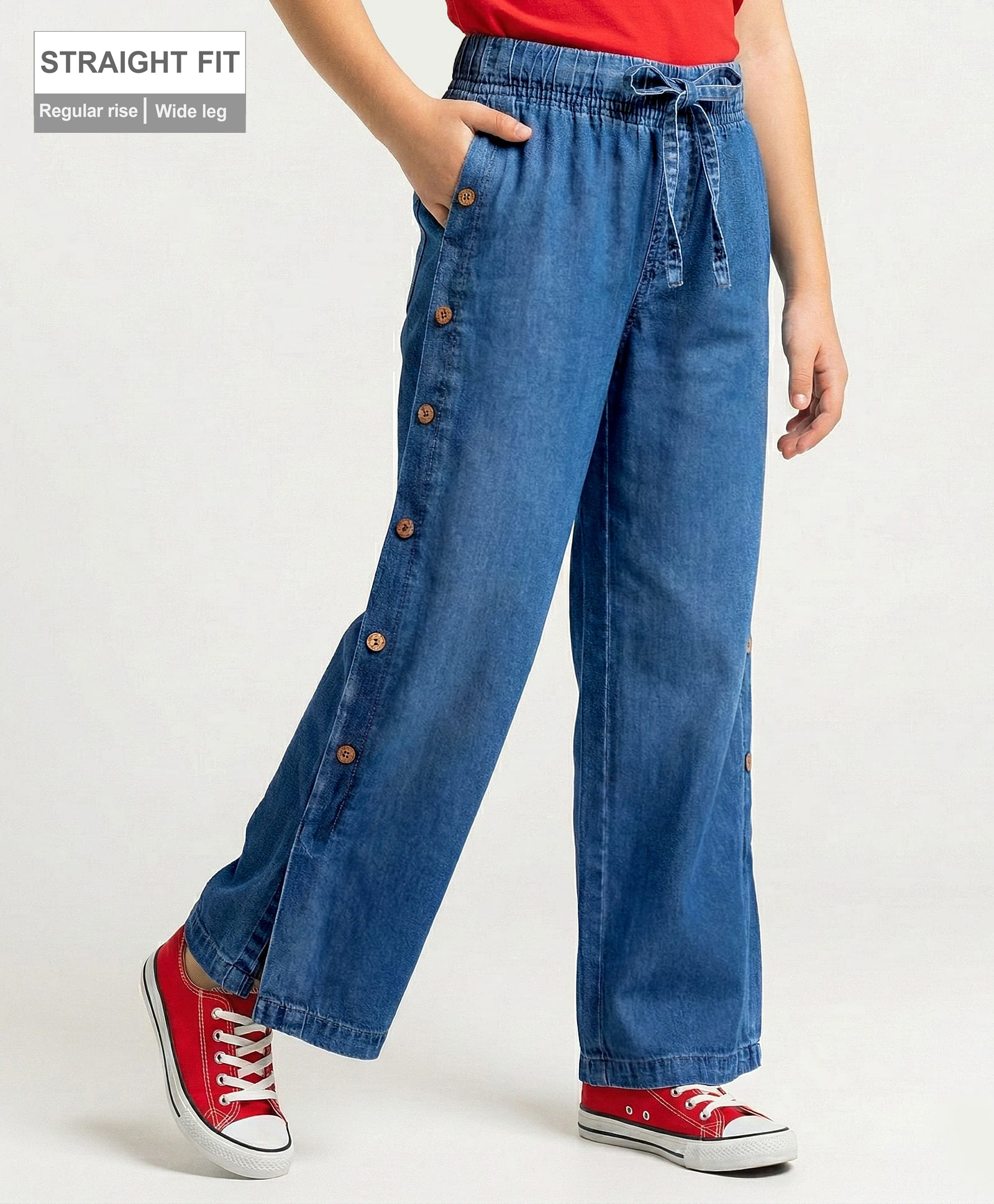 arias by lara dutta Arias Denim Woven Full Length Wide Leg Side Slit With Buttoned Washed Jeans - Blue-picture-20