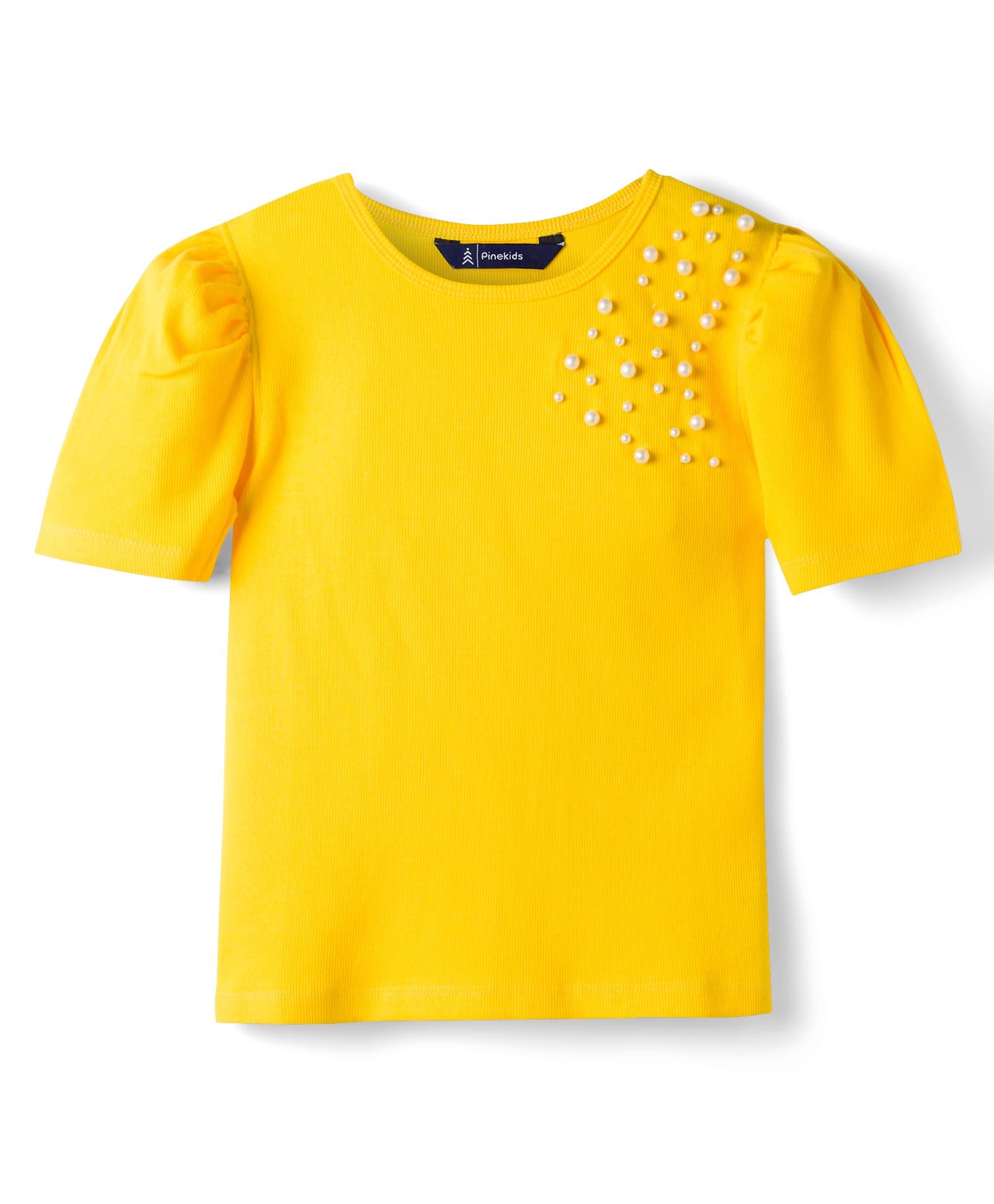 Pine Kids Cotton Lycra Knit Half Sleeves Top with Pearl Detailing - Yellow