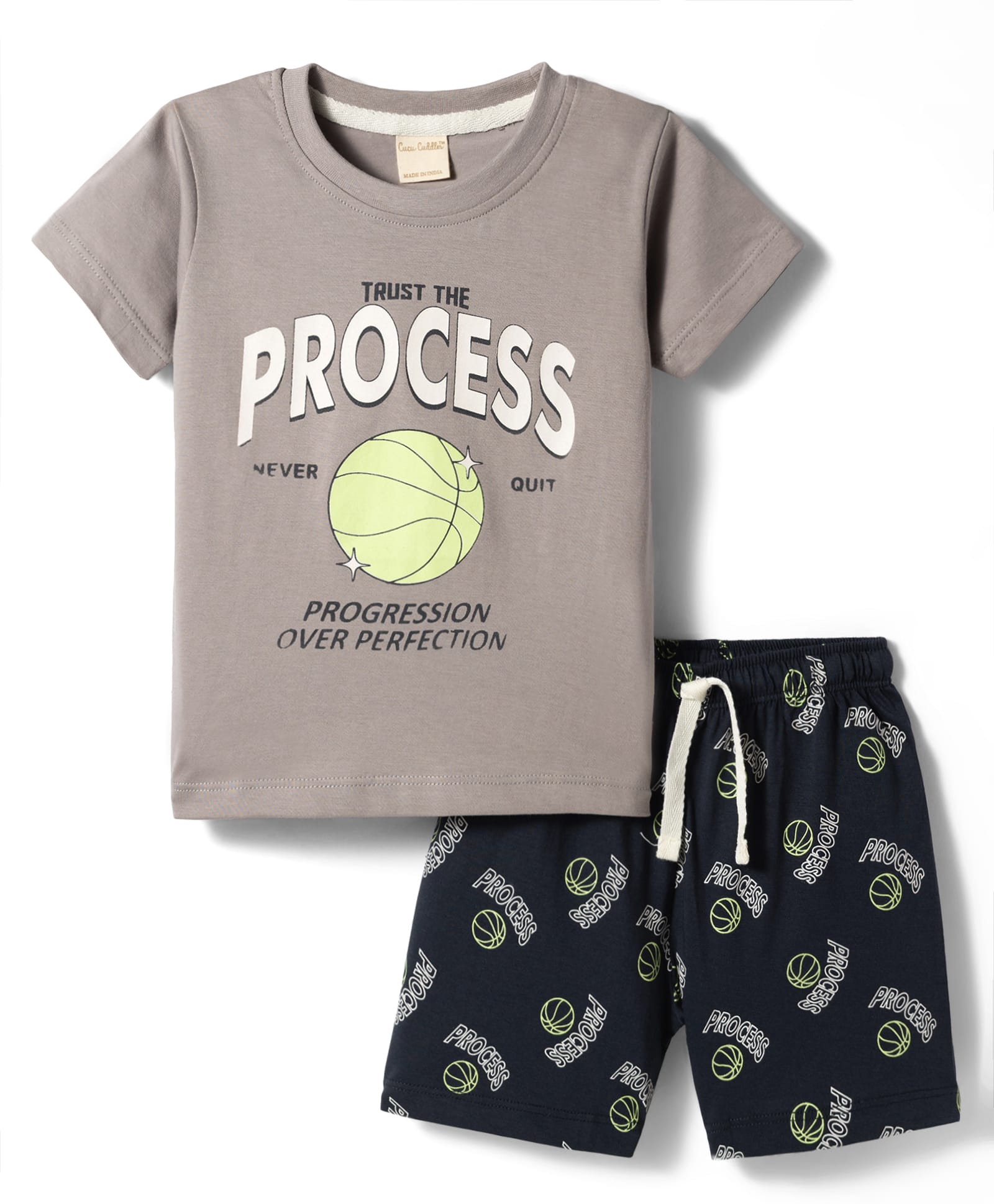 CUCUMBER Sinker Knit Half Sleeves T-Shirt & Shorts Set with Text Print - Navy Blue-image-41