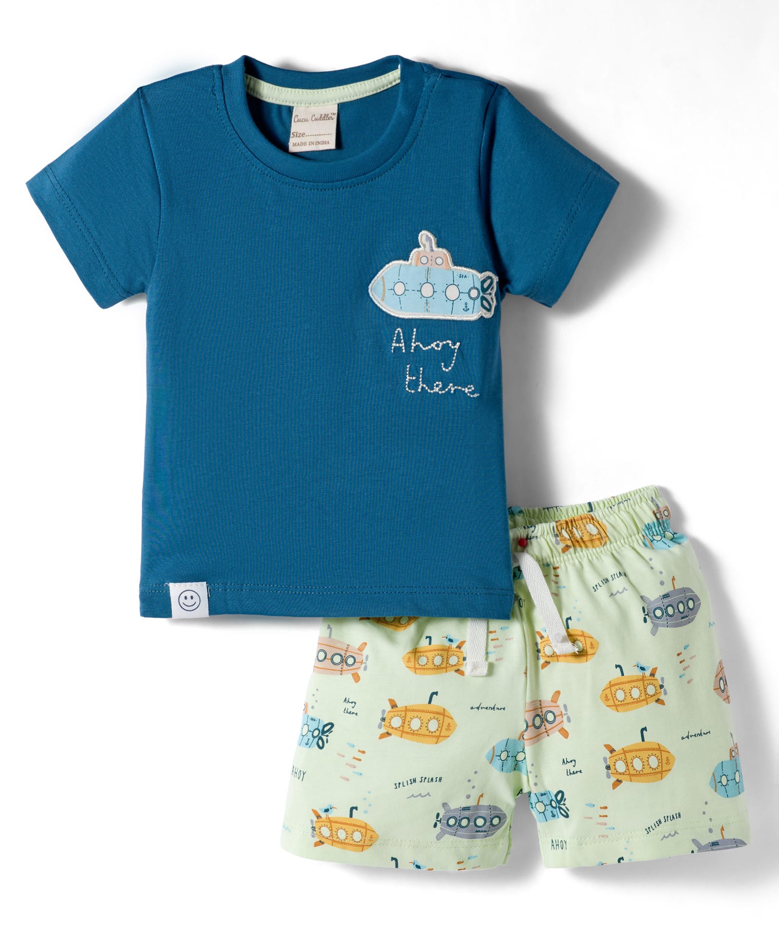 CUCUMBER Sinker Knit Half Sleeves T-Shirt & Shorts Set with Submarine Print - Navy Blue-picture-12