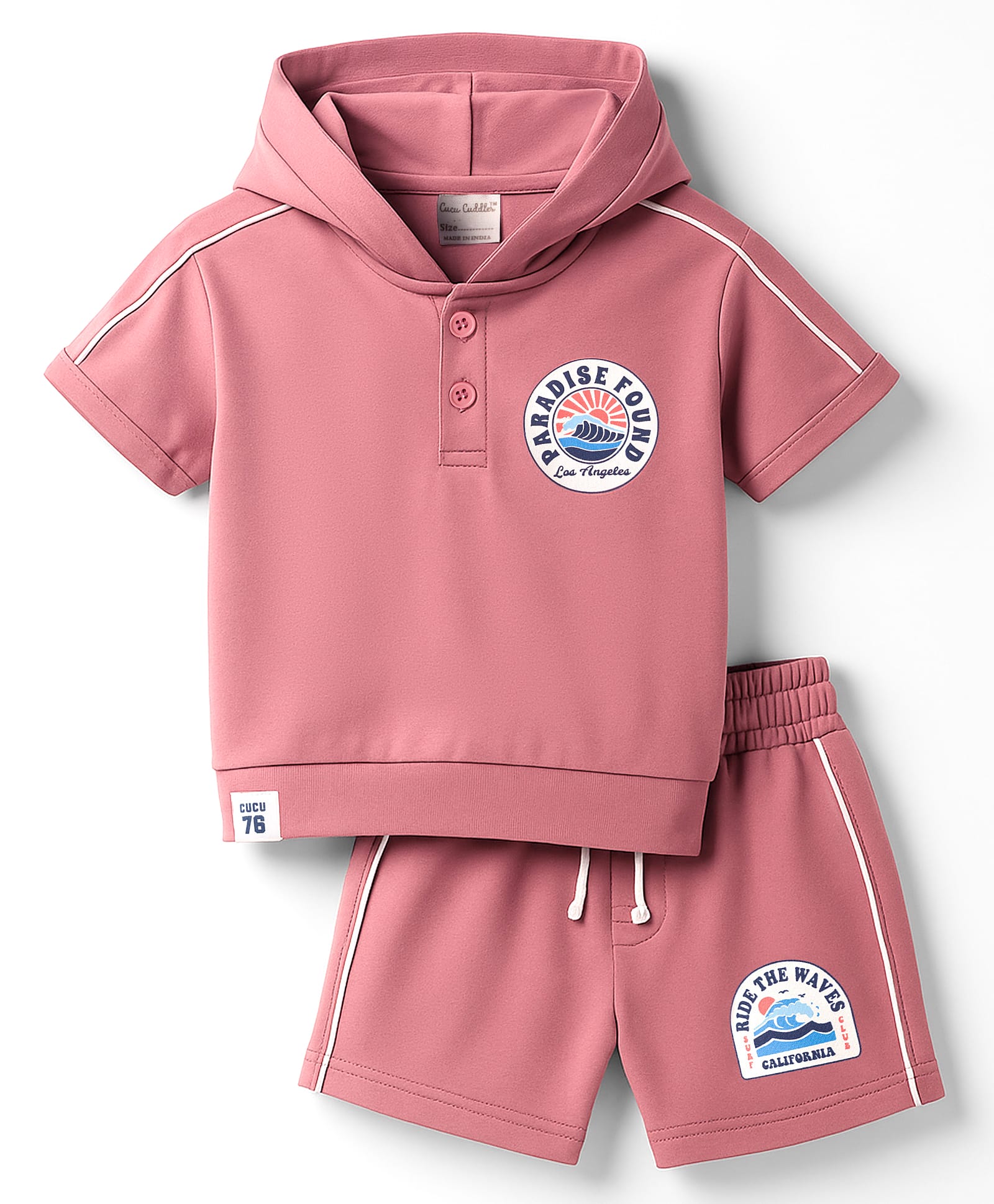 CUCUMBER Sinker Knit Half Sleeves Hooded T-Shirt & Shorts Set with Beach Theme Print - Pink-picture-29