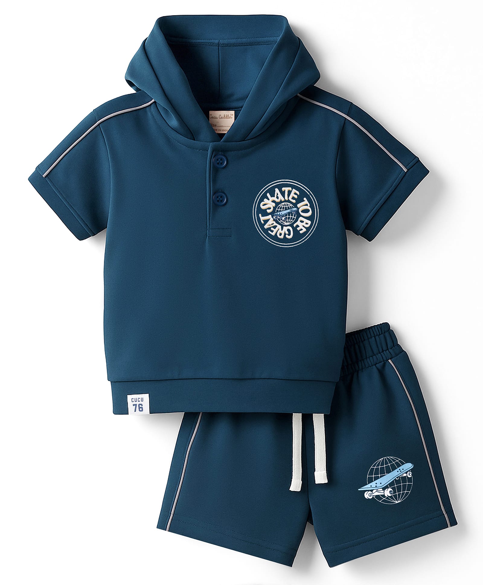 CUCUMBER Sinker Knit Half Sleeves Hooded T-Shirt & Shorts Set with Skate Print - Navy Blue-picture-28