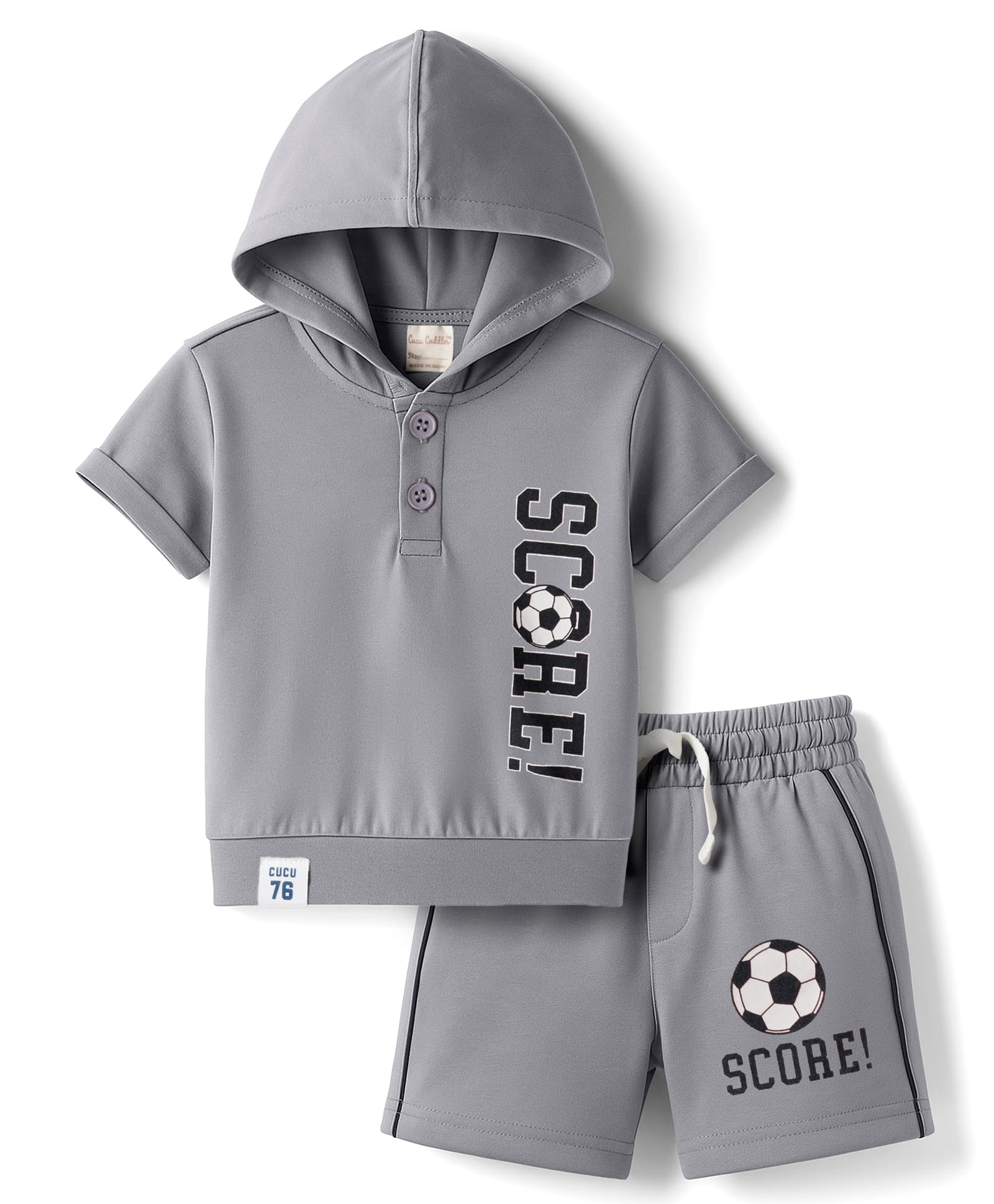 CUCUMBER Sinker Knit Half Sleeves Hooded T-Shirt & Shorts Set with Soccer Print - Grey-picture-31