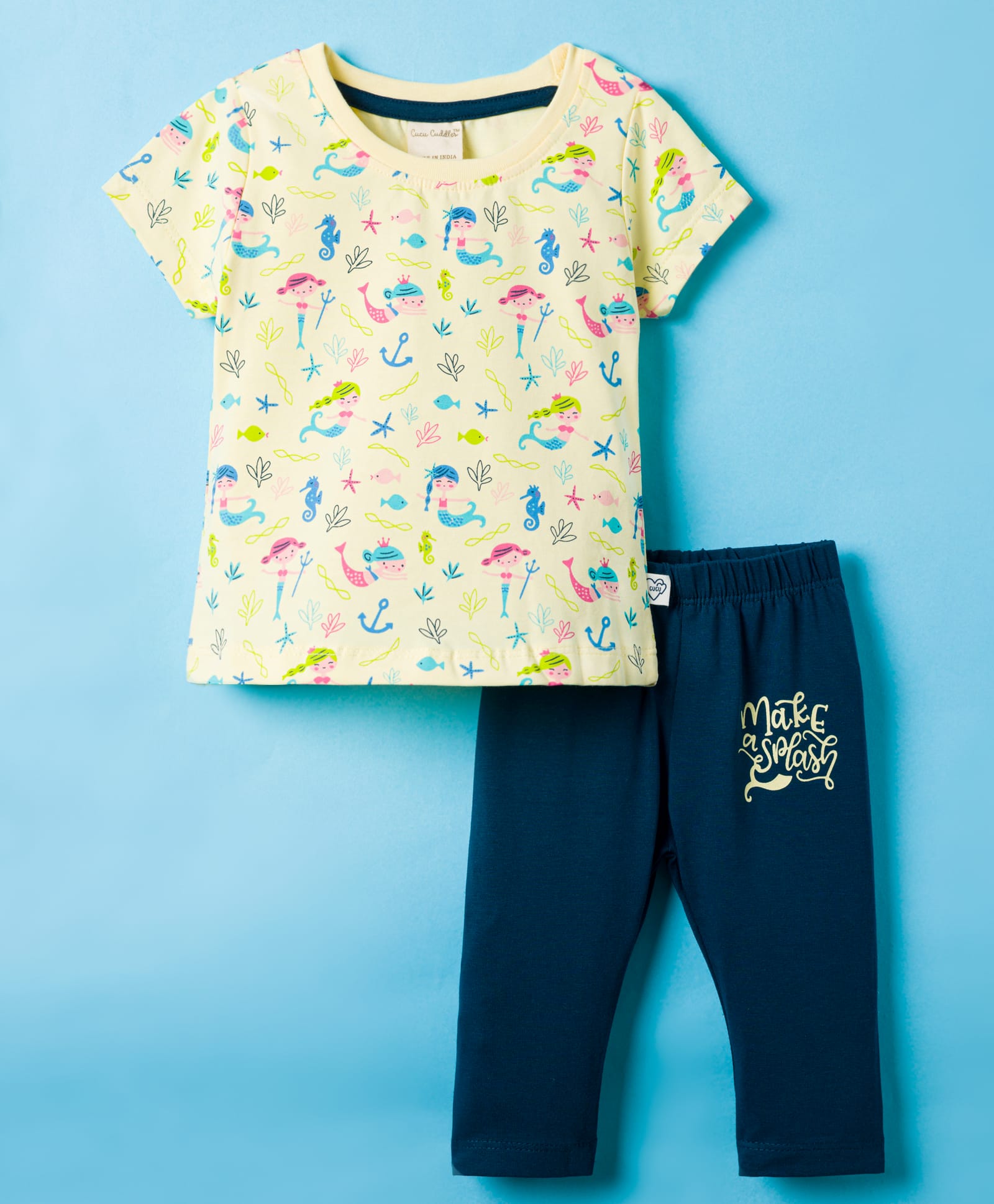 CUCUMBER Knitted Half Sleeves T-Shirt & Lounge Pant Set with Sea Life Print - Lemon-image-9