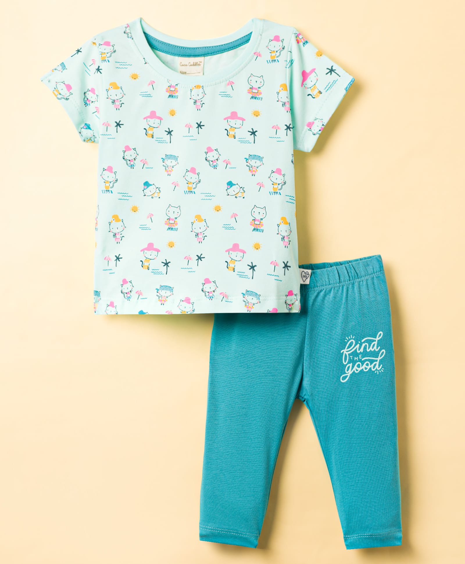 CUCUMBER Knitted Half Sleeves T-Shirt & Lounge Pant Set with Animal Print - Light Blue-picture-22