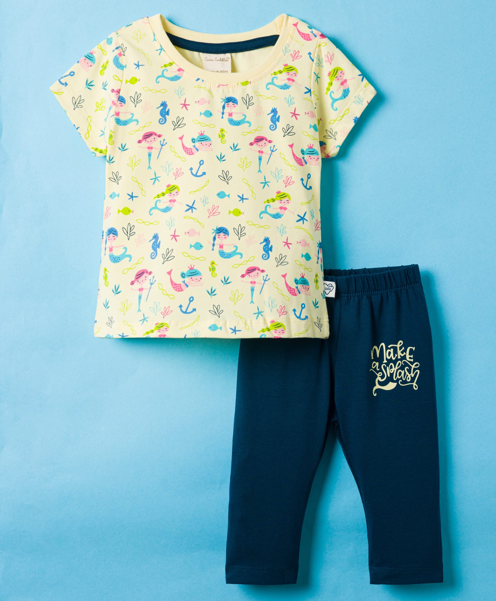 CUCUMBER Knitted Half Sleeves T-Shirt & Lounge Pant Set with Sea Life Print - Lemon-picture-33
