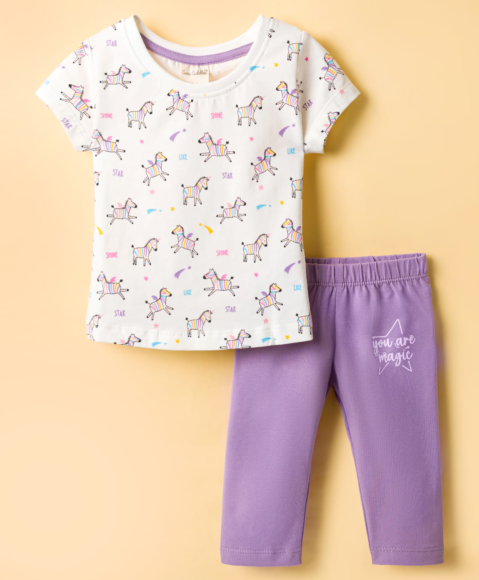CUCUMBER Knitted Half Sleeves T-Shirt & Lounge Pant Set with Unicorn Print - Lilac & White-image-16