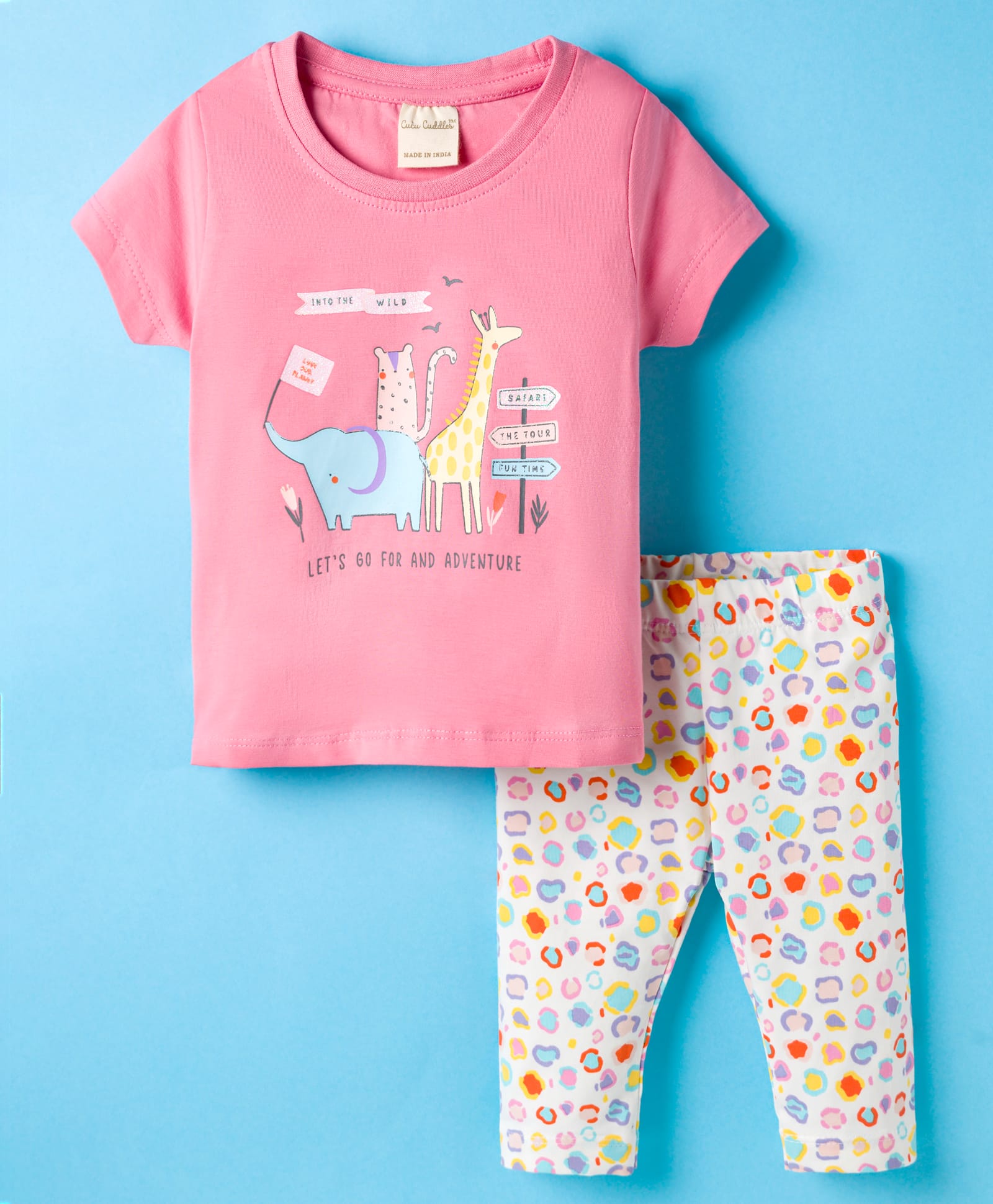 CUCUMBER Knitted Half Sleeves T-Shirt & Lounge Pant Set with Animal Print - Pink-picture-48