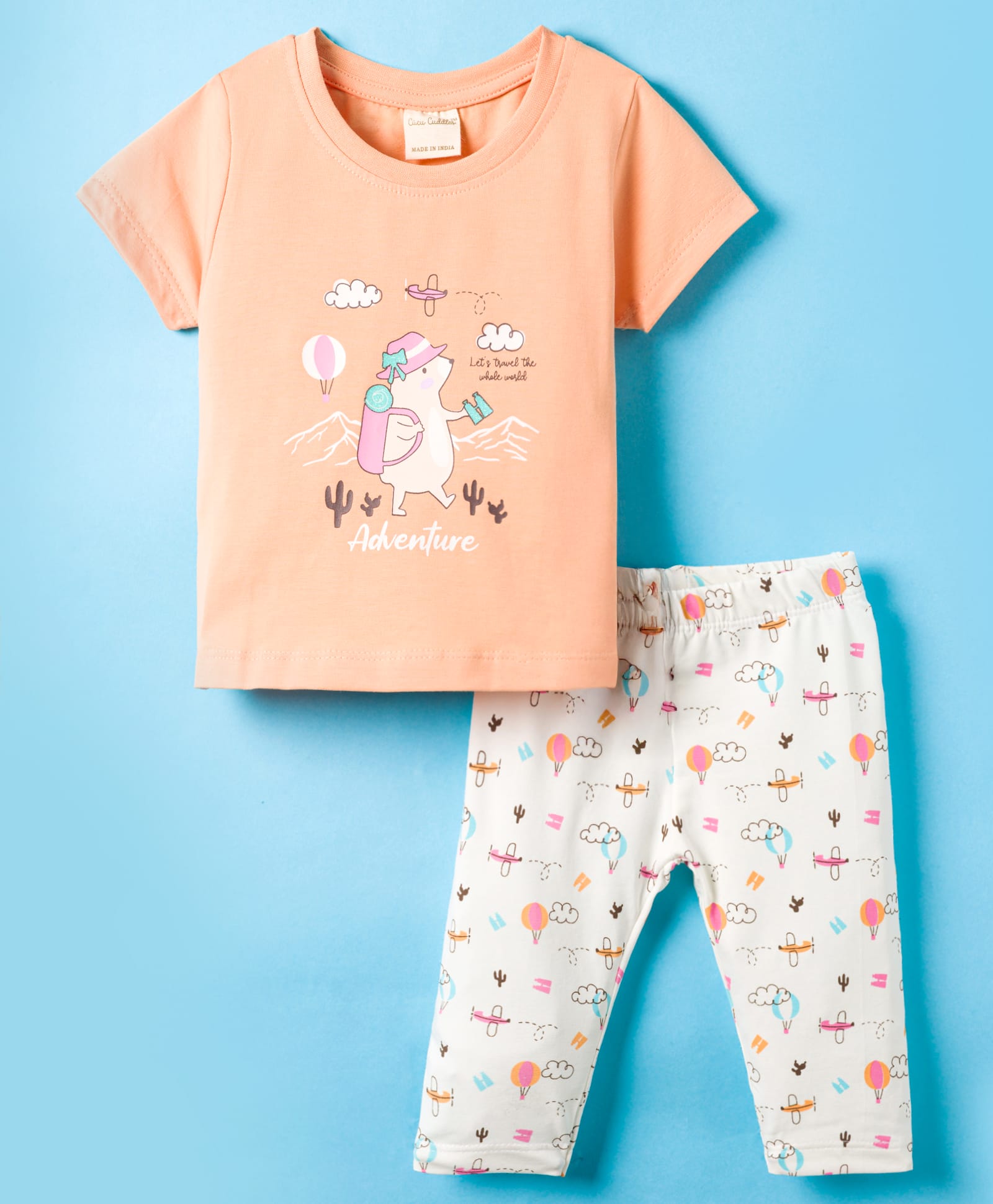 CUCUMBER Knitted Half Sleeves T-Shirt & Lounge Pant Set with Adventure Print - Light Orange-image-34