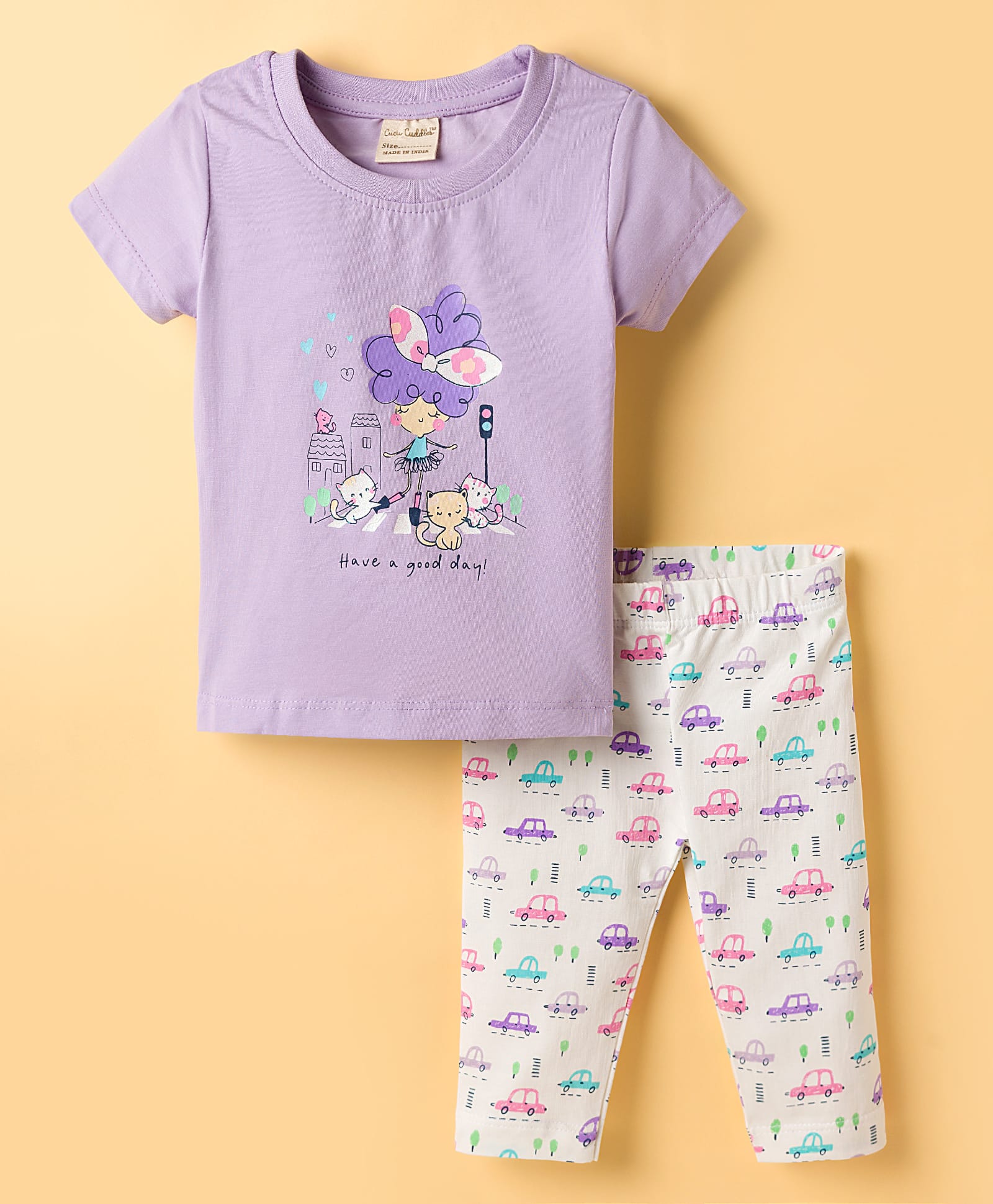 CUCUMBER Knitted Half Sleeves T-Shirt & Lounge Pant Set with Car Print - Lilac-image-17