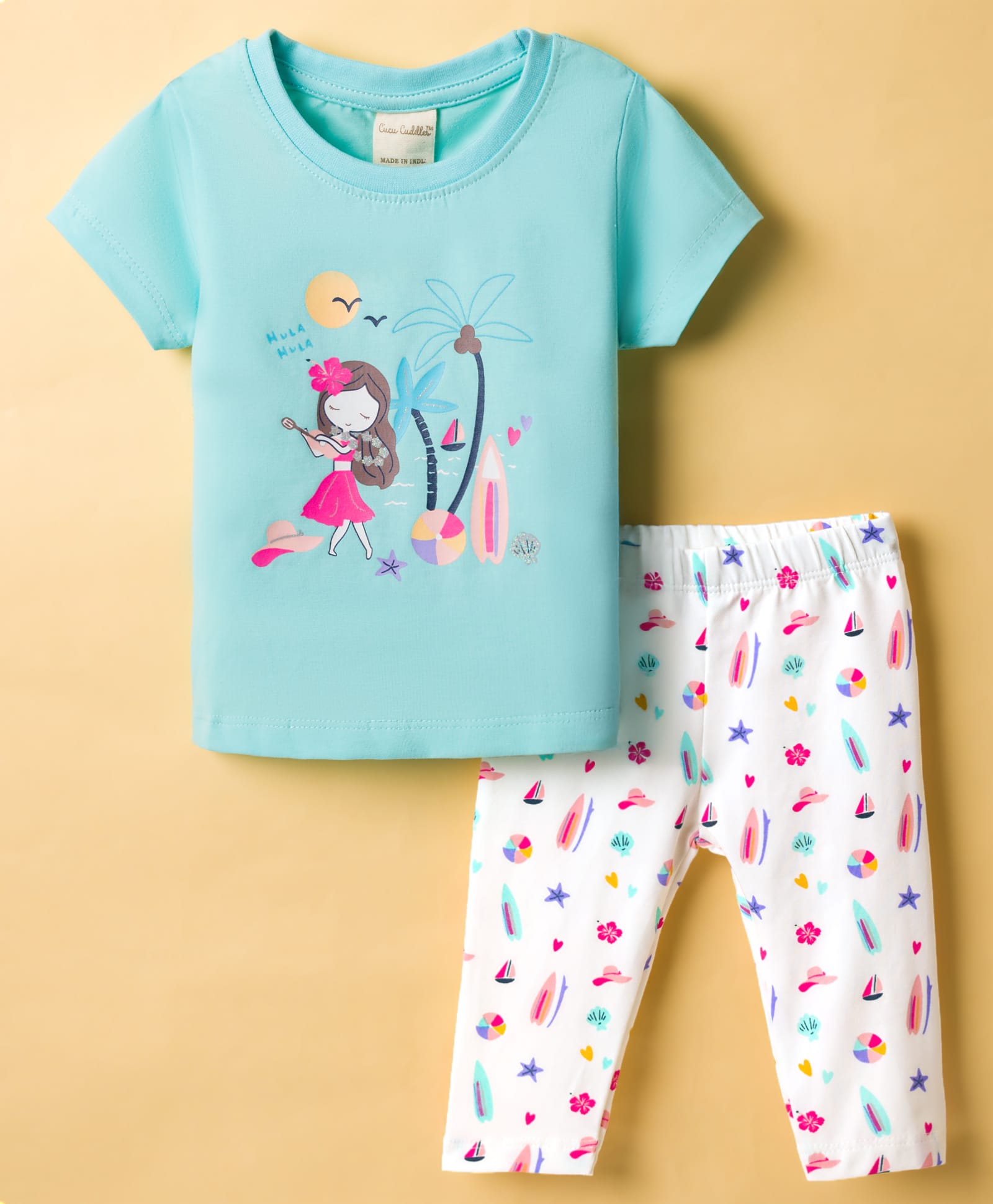 CUCUMBER Knitted Half Sleeves T-Shirt & Lounge Pant Set with Beach Theme Print - Mint-picture-15