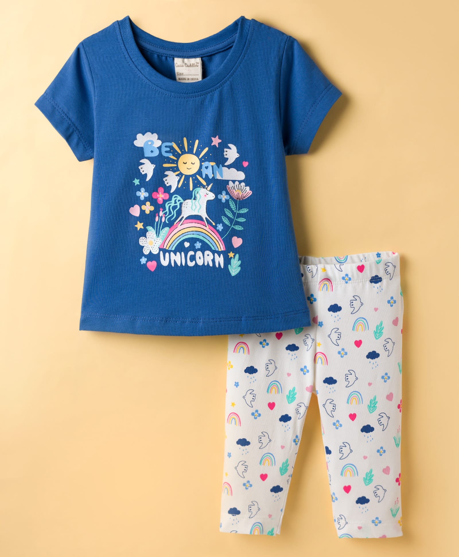 CUCUMBER Knitted Half Sleeves T-Shirt & Lounge Pant Set with Tropical Theme Print - Navy Blue-image-26