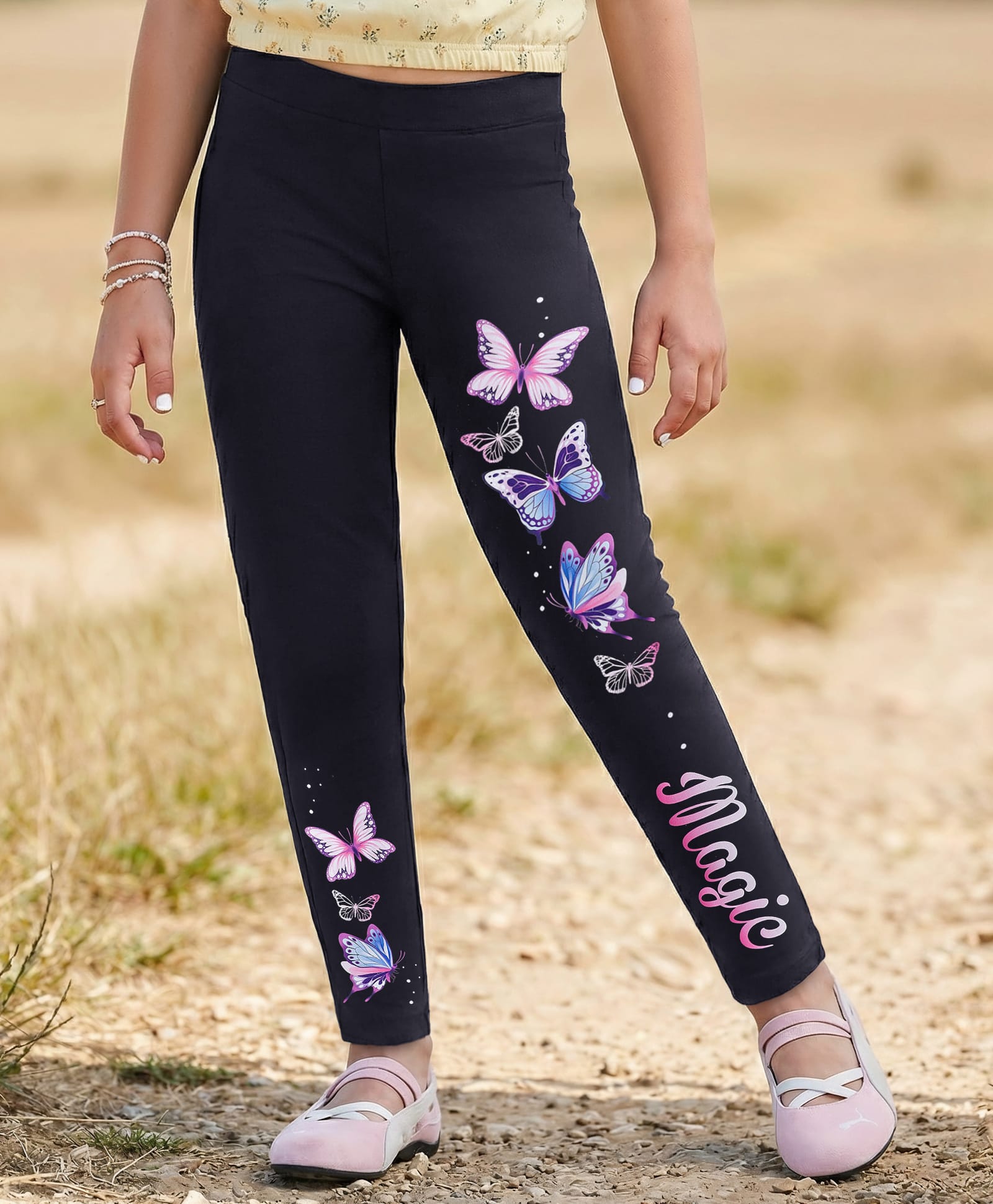 Pine Kids Cotton Lycra Knit Full Length Leggings With Butterfly Print - Black-picture-14