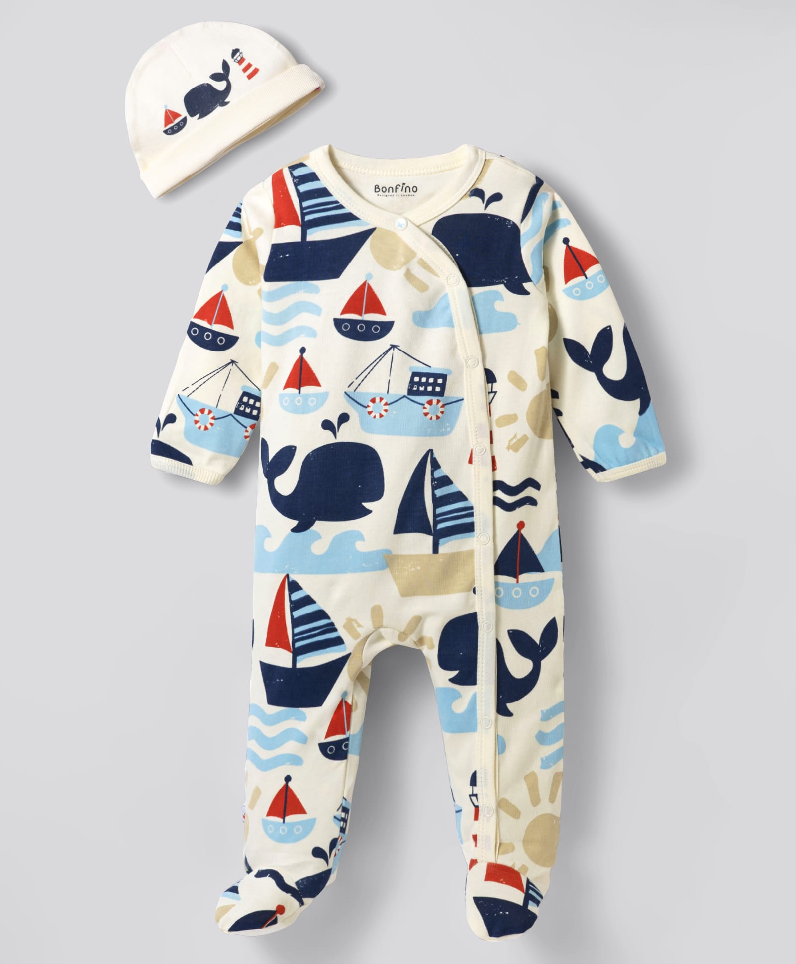 Bonfino 100% Cotton Knit Full Sleeves Footed Sleep Suit With Boat Print & Cap - White-picture-20