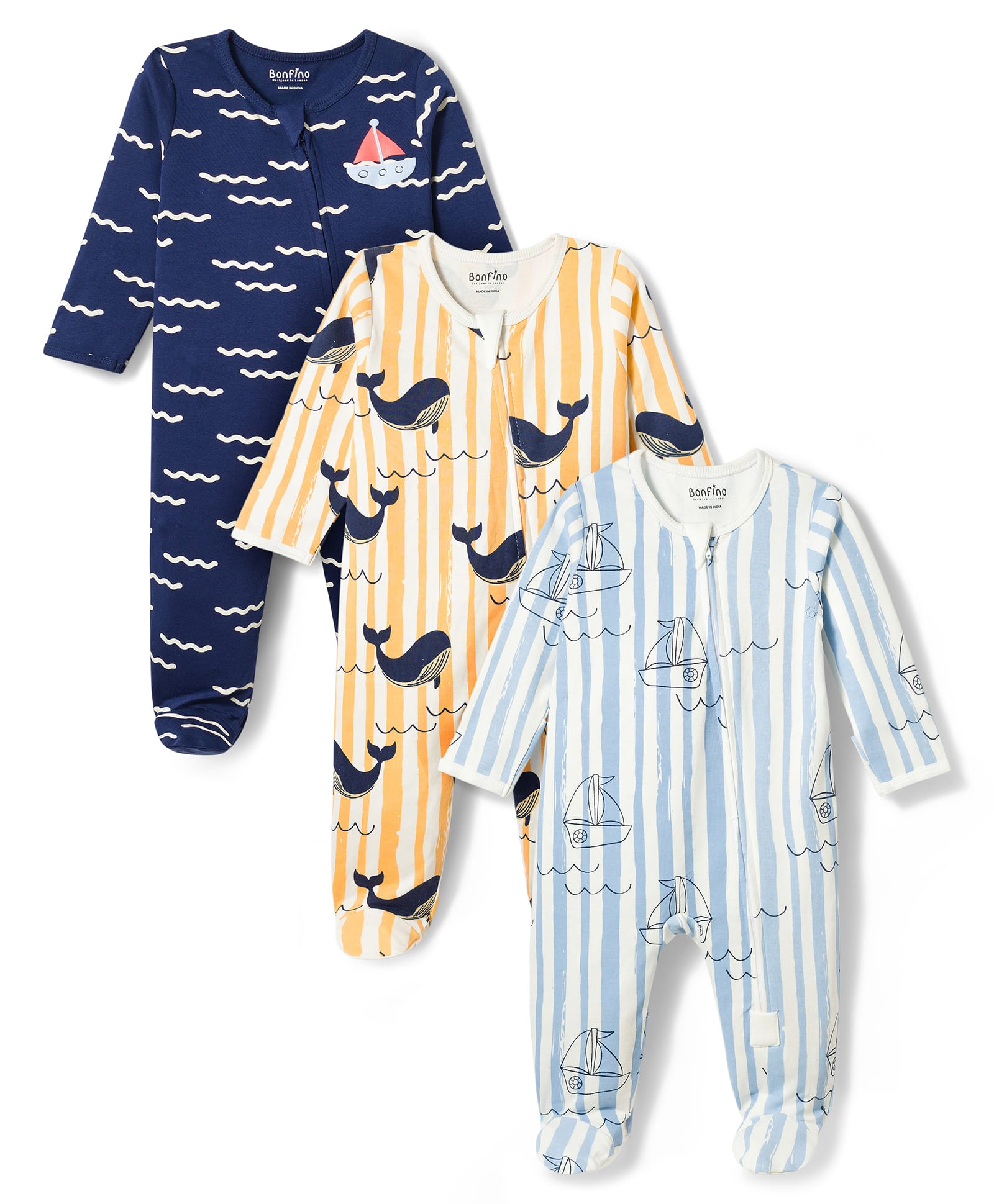 Bonfino 100% Cotton Knit Full Sleeves Nautical Theme & Sea Life Printed Printed Sleepsuits Pack of 3 - Multicolour-picture-2
