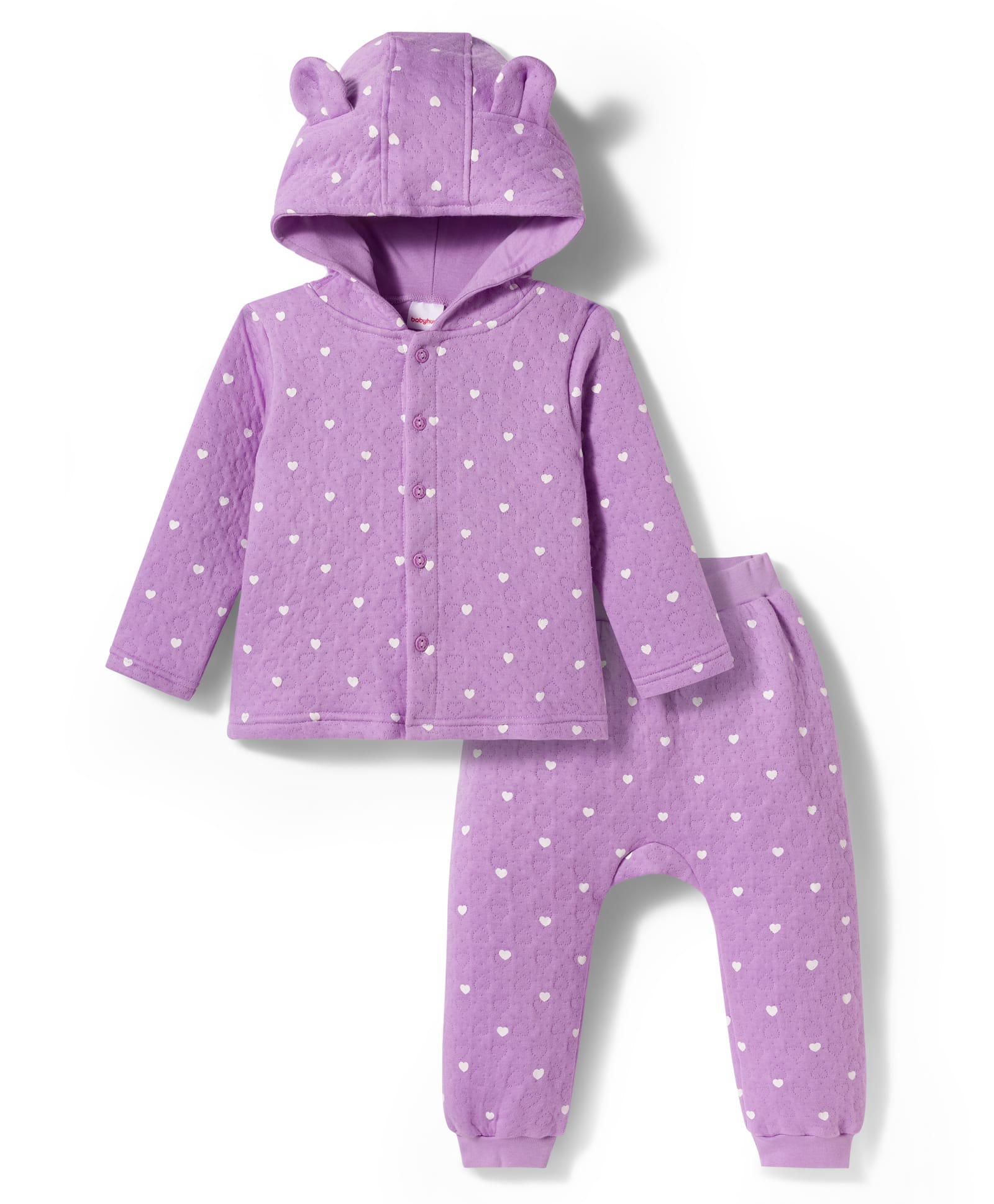 Babyhug Knit Full Sleeves Co-ords Hooded Top & Lounge Pant Set with Heart Print - Purple-image-17