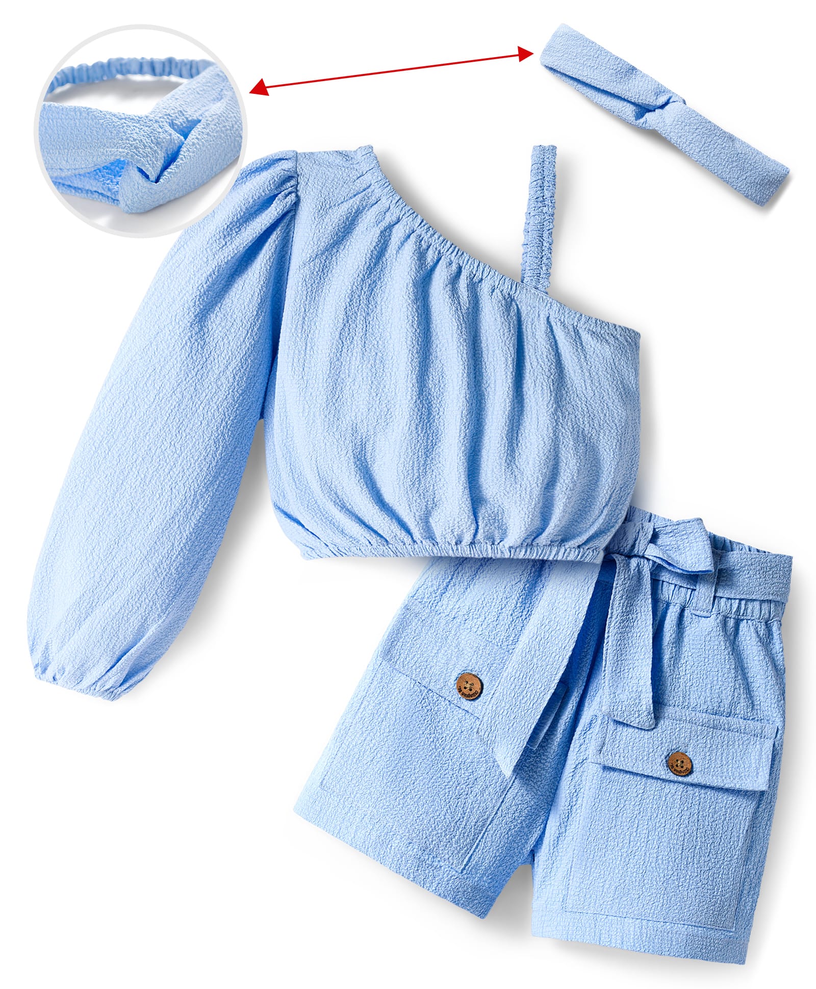 OLLINGTON ST. Full Sleeves Set Off Top & Shorts with Belt & Headband - Sky Blue-picture-15