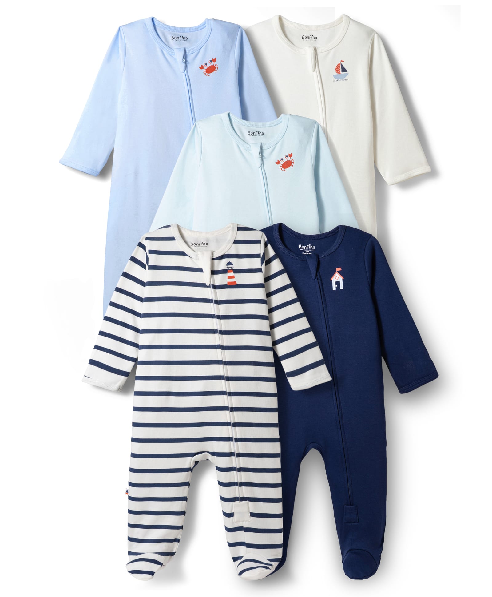 Bonfino 100% Cotton Knit Full Sleeves Footed Sleepsuits with Nautical Theme Print & Stripes Pack of 5 - Multicolor-picture-32