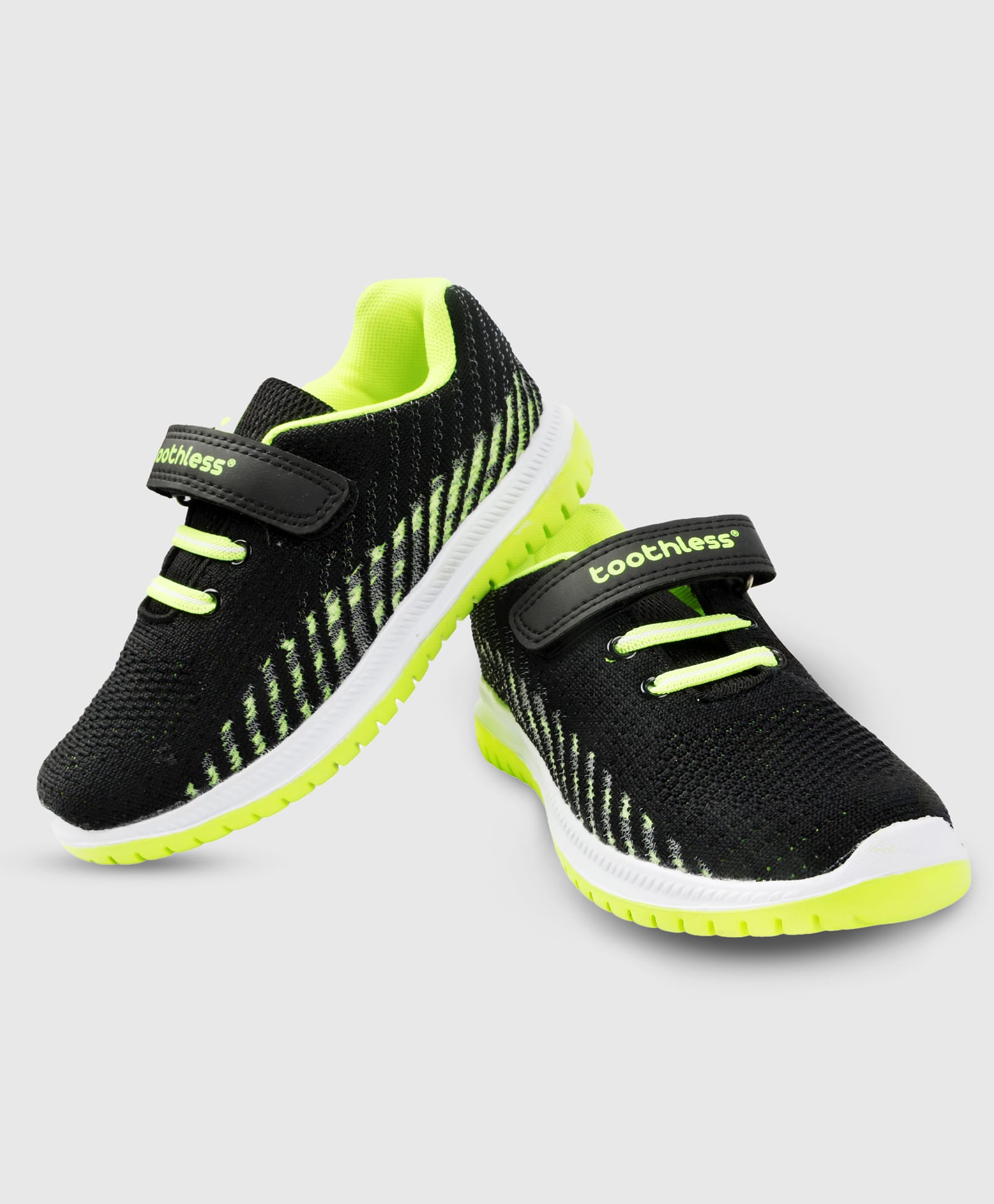 Toothless Mesh Detailed Colour Blocked Velcro Closure Shoes - Black & Neon Green-picture-14