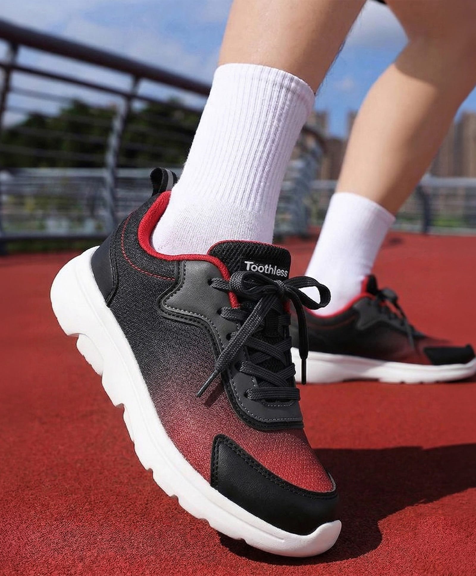 Toothless Ombre Mesh Detailed Lace Up Closure Shoes - Black & Red-picture-15