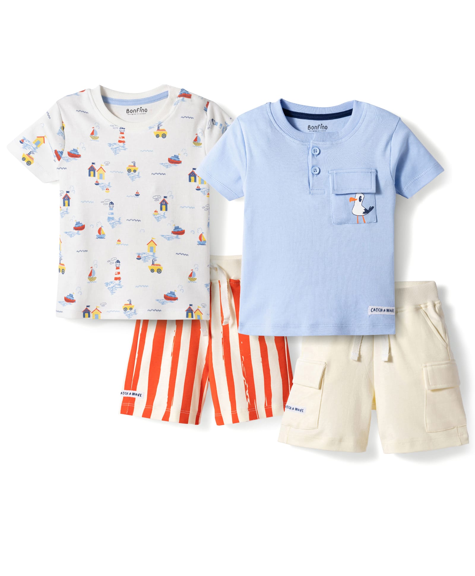 Bonfino 100% Cotton Knit Half Sleeves Nautical Theme Printed T-Shirts & Cargo Shorts Set Pack of 2 - Multicolor-image-24