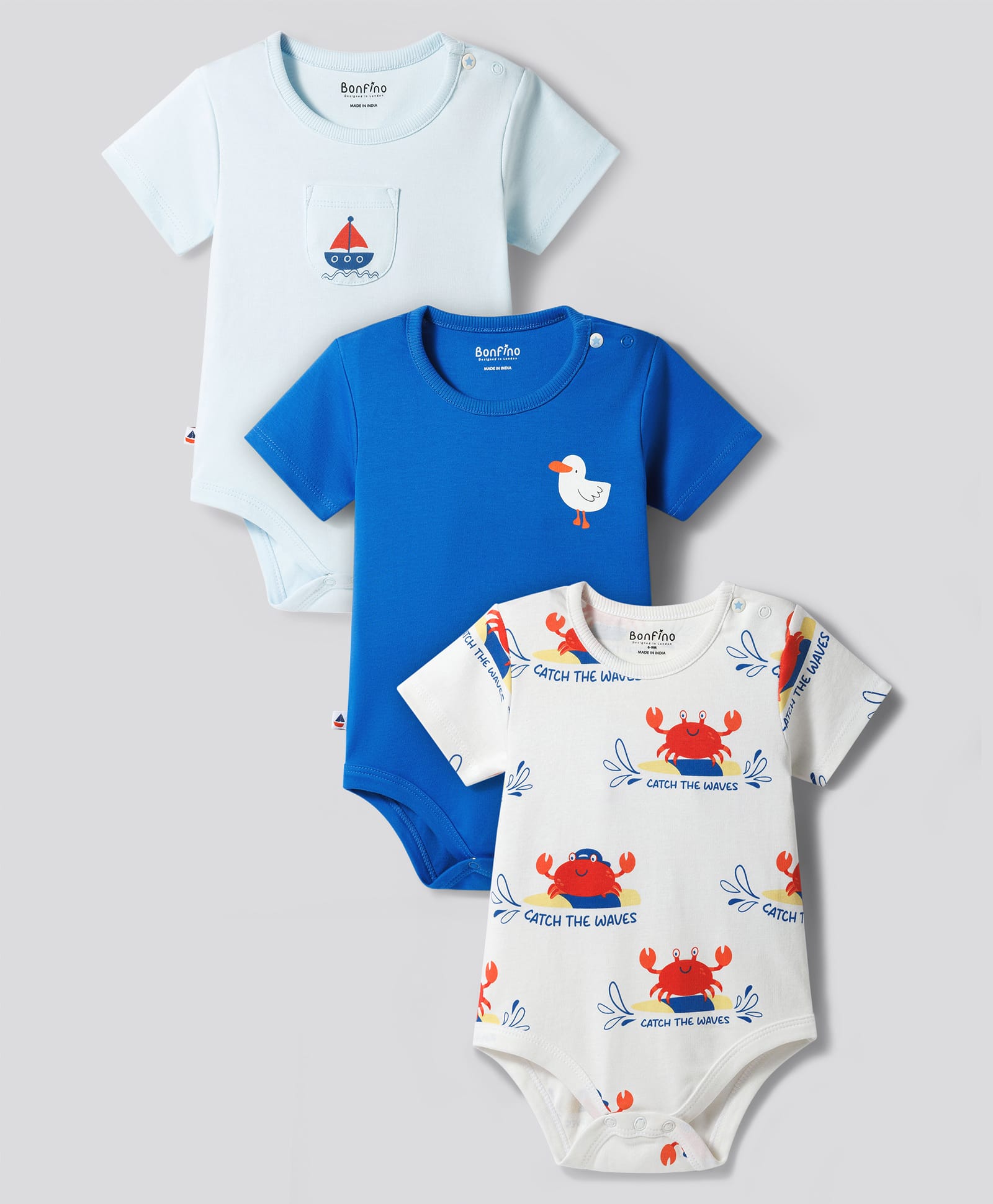 Bonfino Cotton Knit Half Sleeves Onesies With Animal Print Pack Of 3 - Blue White & Sea Green-picture-35