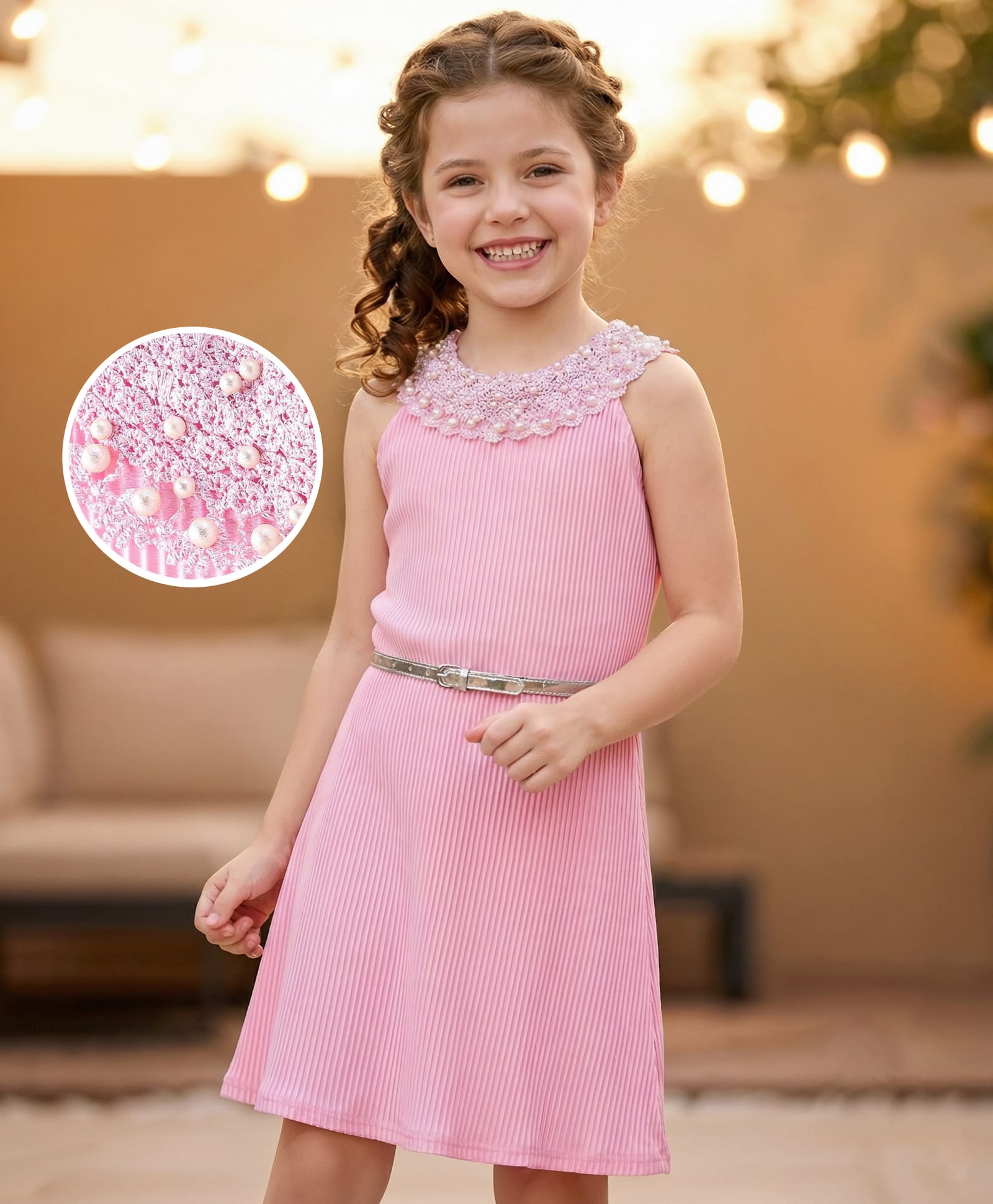 Hola Bonita Knit Sleeveless Halter Neck Pleated Dress with Belt & Pearl Detailing - Pink