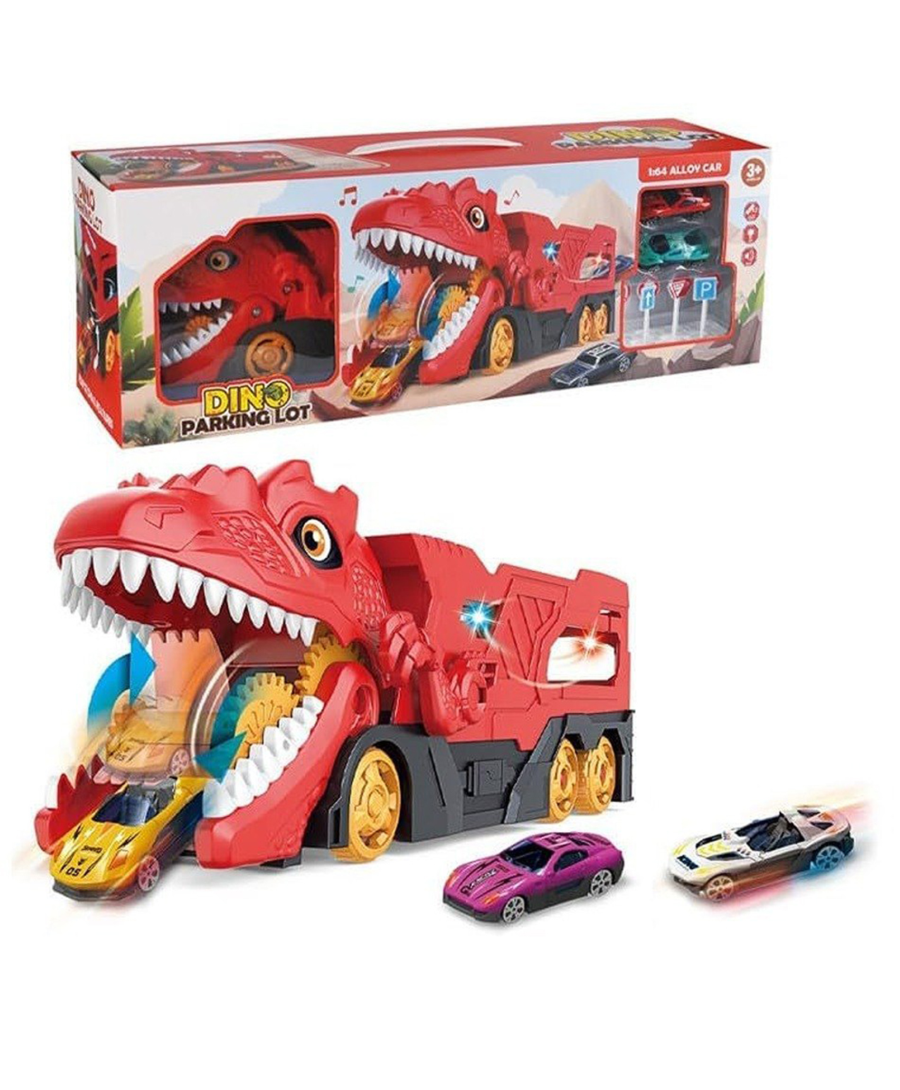 Happy Hues Dinosaur Car-Eating Truck Playset with Launcher & 2 Mini Racing Cars Interactive Dino Chomping Toy for Kids-Gifts for Toddlers & Kids-Red-picture-21