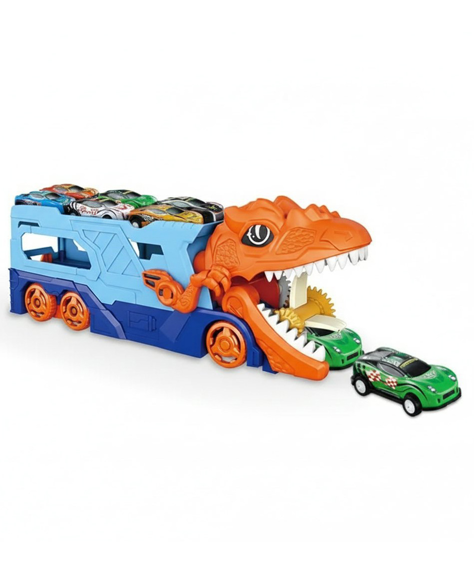 Happy Hues 2-in-1 Dinosaur Transporter & Storage Truck Transforms into Dinosaur & Track Slide - 6 MIini Cars for Boys & Girls 3+ Years - Blue & Orange-image-17