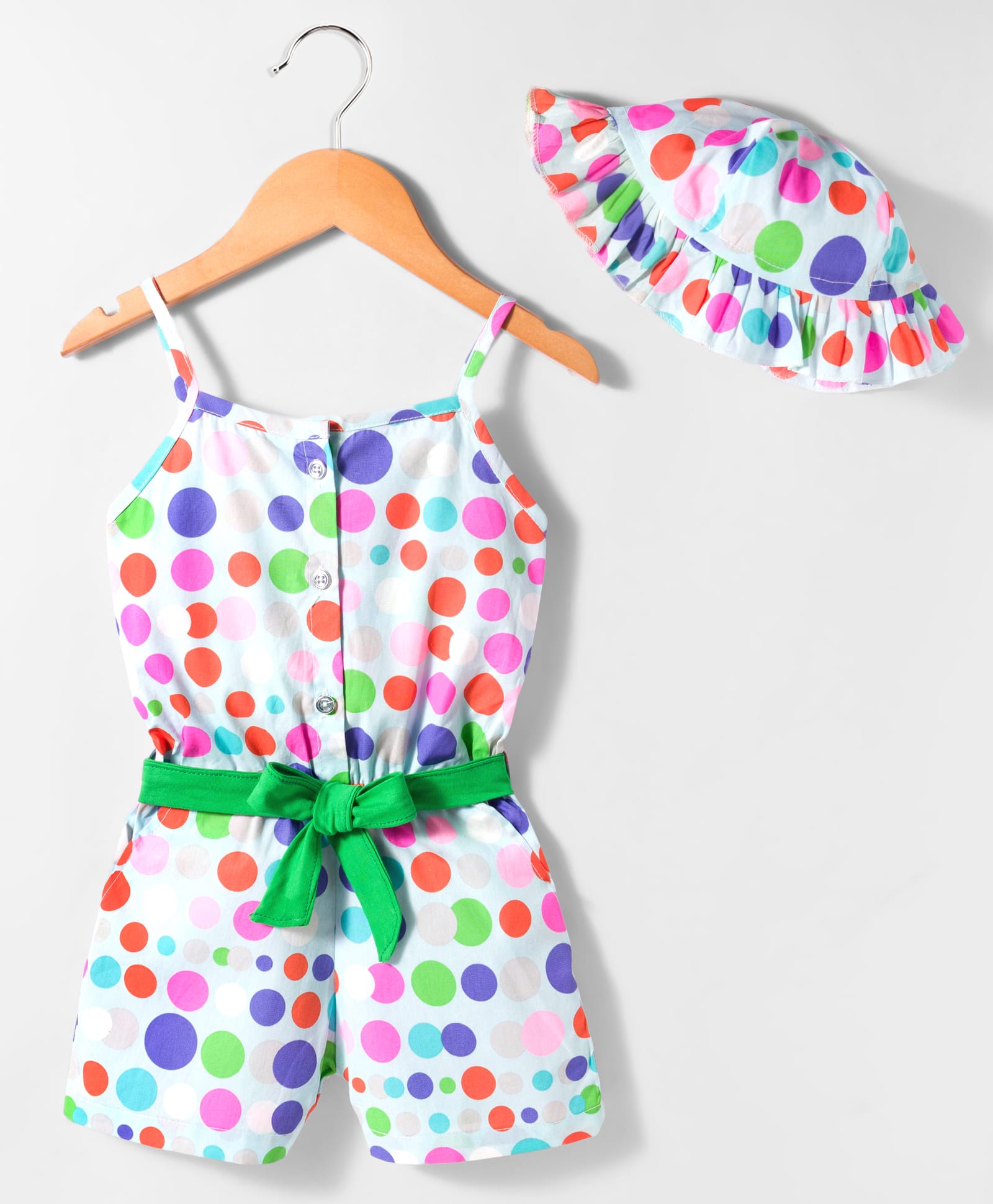 Dew Drops Poplin Woven Sleeveless Polka Dot Printed Jumpsuit with Hat & Belt - Light Grey-picture-23