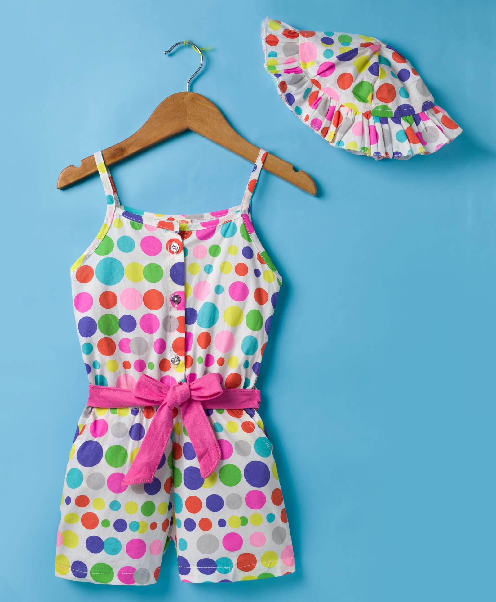 Dew Drops Poplin Woven Sleeveless Polka Dot Printed Jumpsuit with Hat & Belt - Beige-picture-17