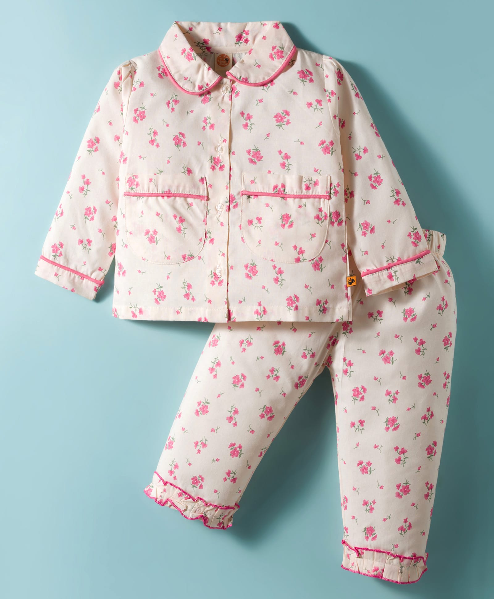 Dew Drops Poplin Woven Full Sleeves Co-ord Night Suit With Floral Print - Peach-picture-32