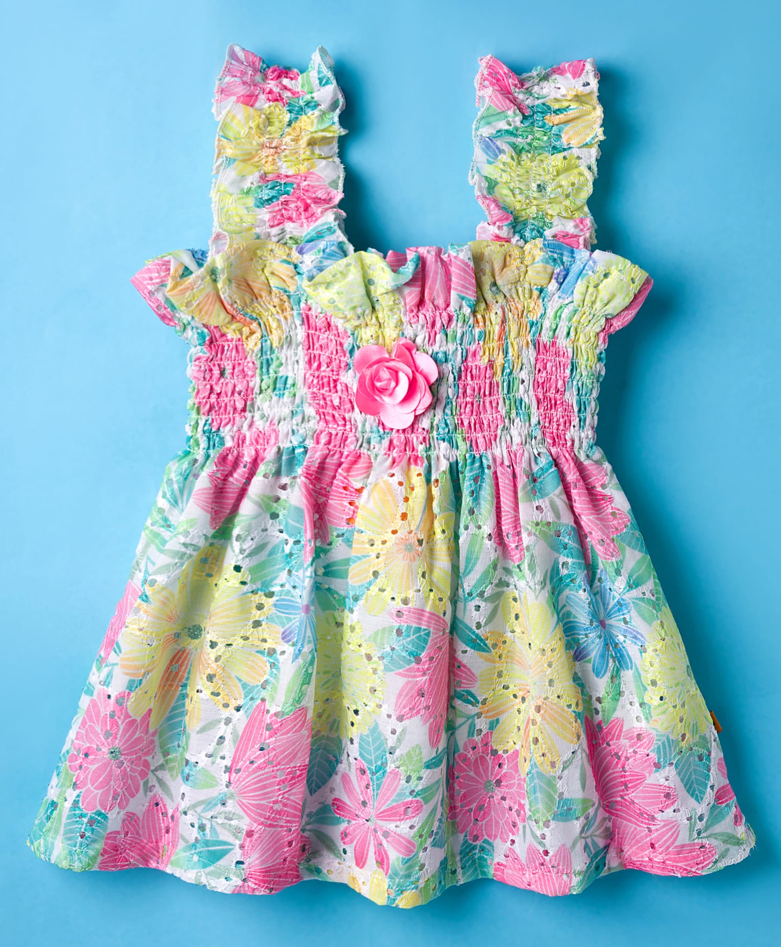 Dew Drops Cotton Knit Sleeveless Frock with Smocked Detailing Floral Print & Applique - Multicolor-image-38