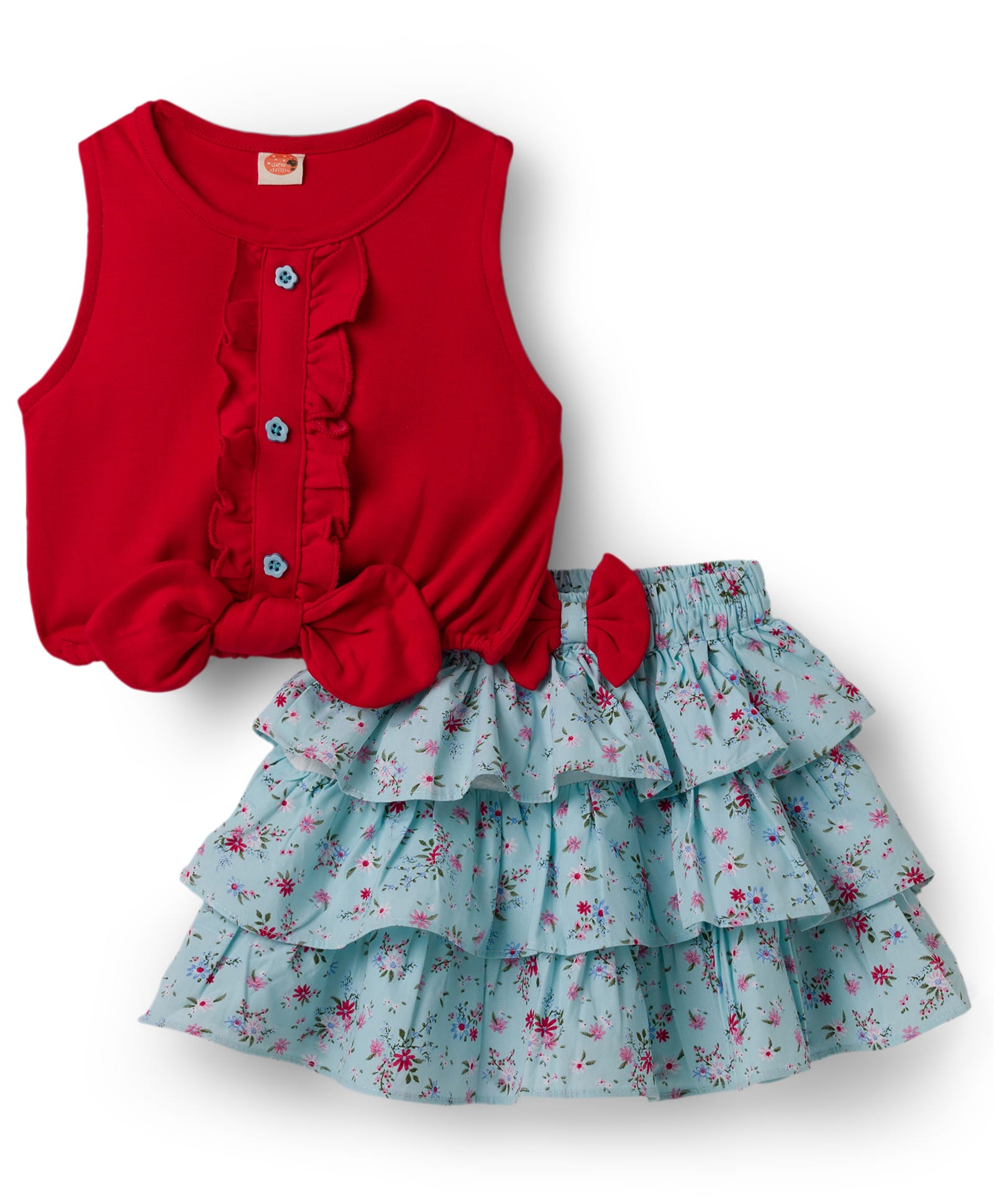Dew Drops Interlock Knit Sleeveless Top & Skirt Set with Floral Print & Bow Applique - Red & Aqua Blue-picture-24