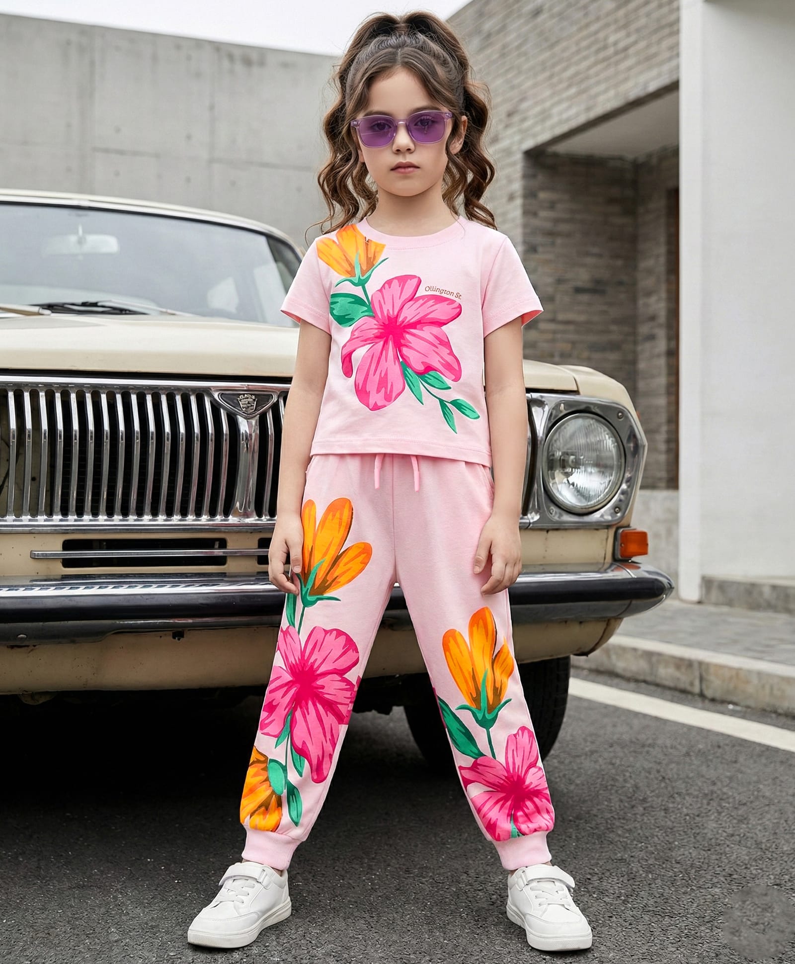 OLLINGTON ST. Cotton Knit Printed Half Sleeves Top & Joggers Set - Pink & White