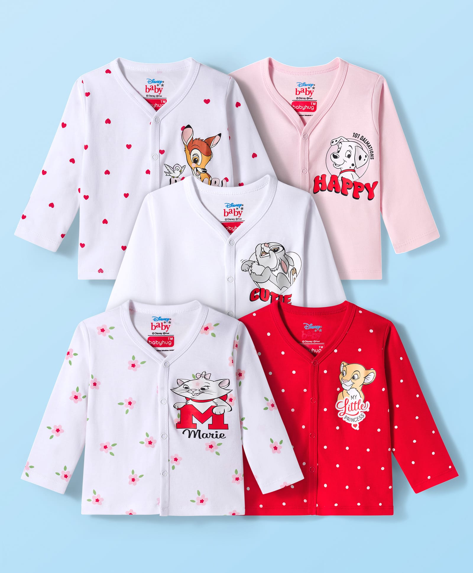 Babyhug Disney Interlock Knit Full Sleeves Jhablas With Marie Print Pack Of 5 - Multicolour-image-48