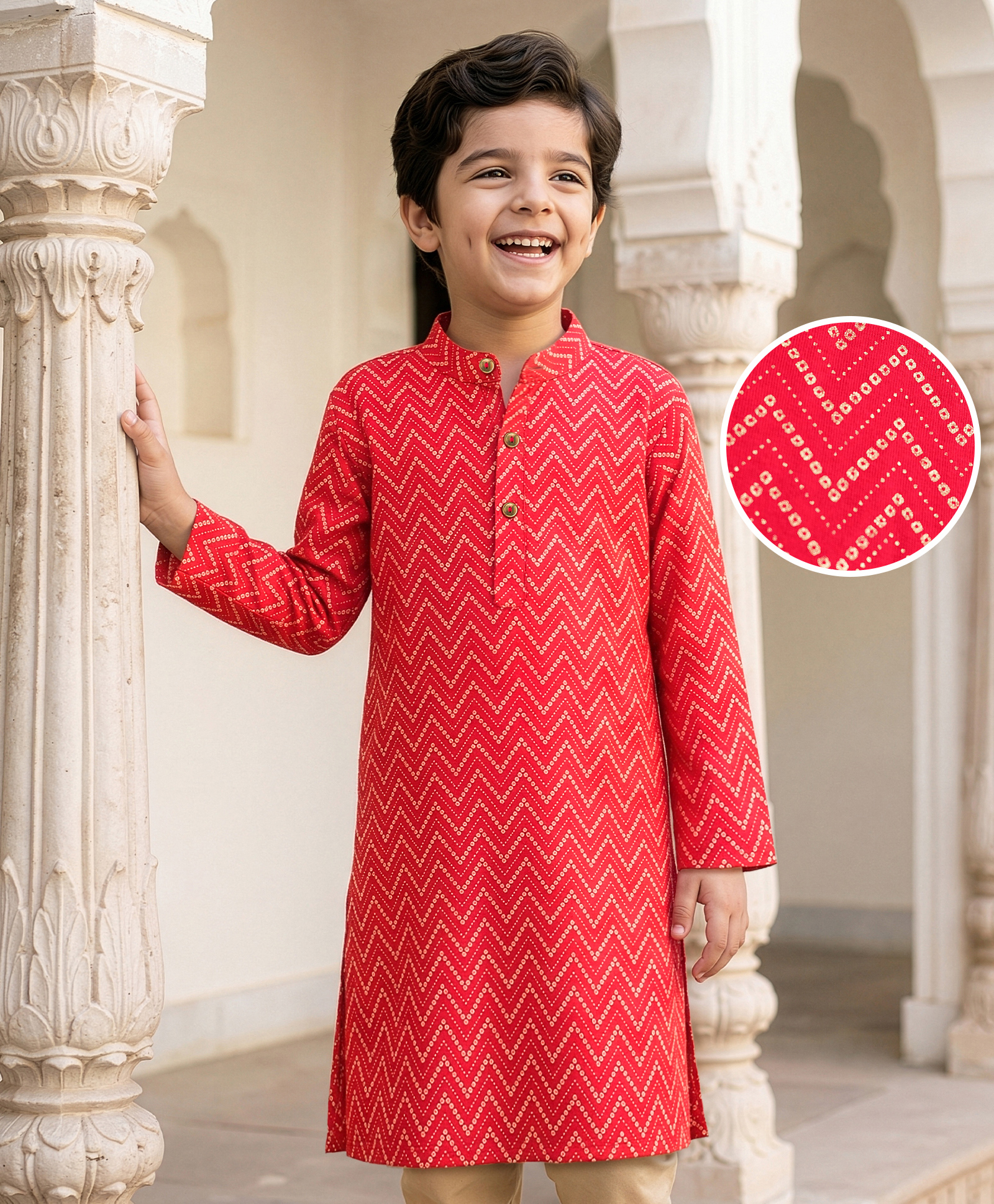 EARTHY TOUCH Single Jersey Knit Full Sleeves Foil Printed Kurta - Red-image-14