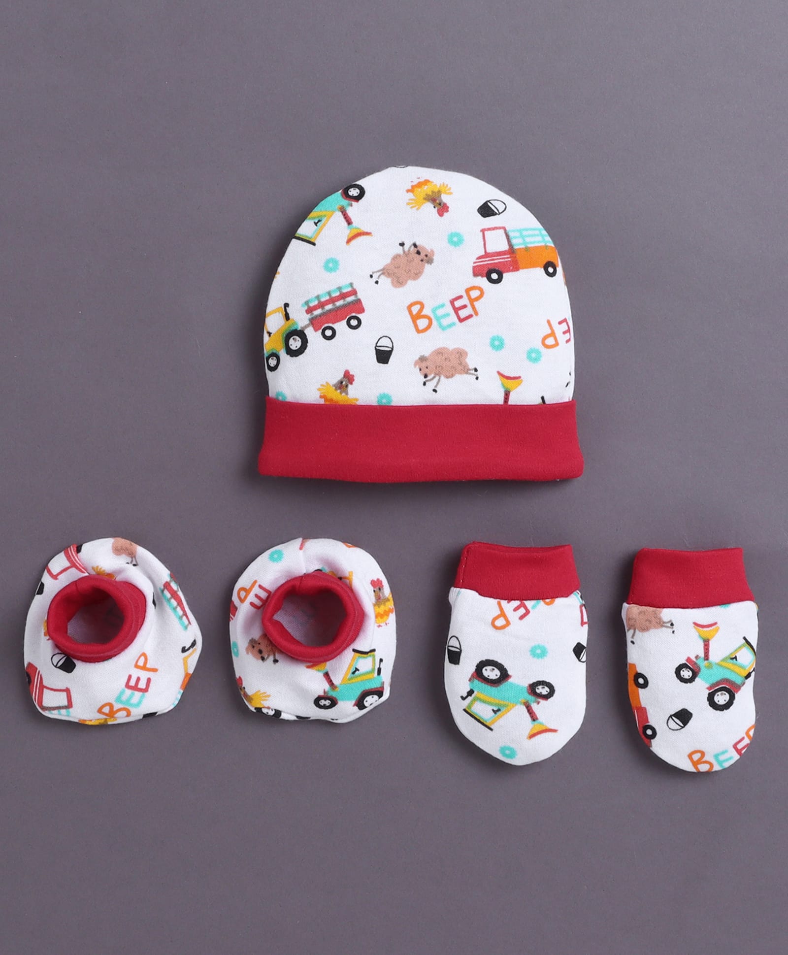 BUMZEE Cotton Knit Vehicles Printed Beanie Cap Mittens & Booties Set - White & Red-image-47