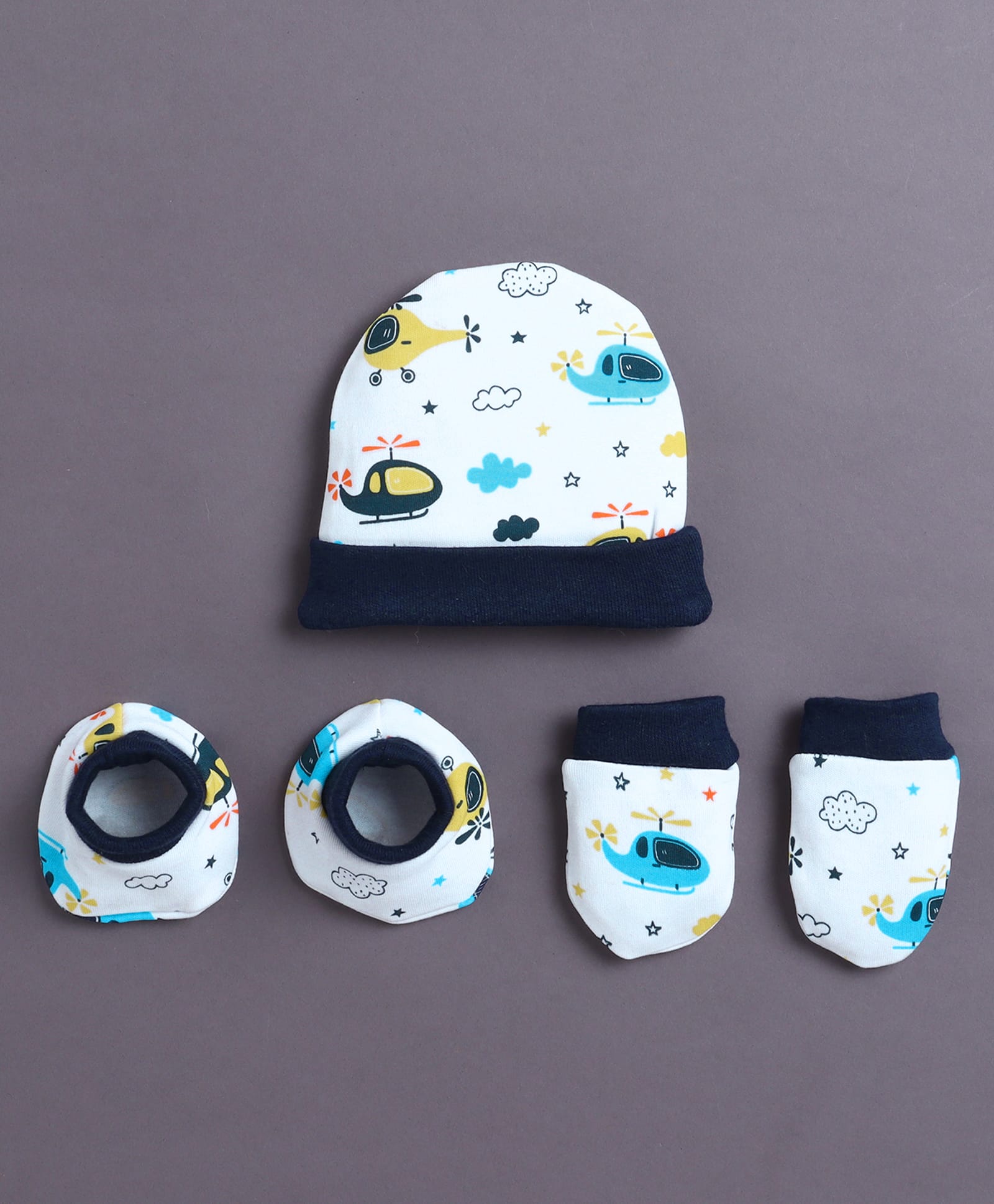 BUMZEE Cotton Knit Helicopters Printed Beanie Cap Mittens & Booties Set - White & Navy Blue-picture-16