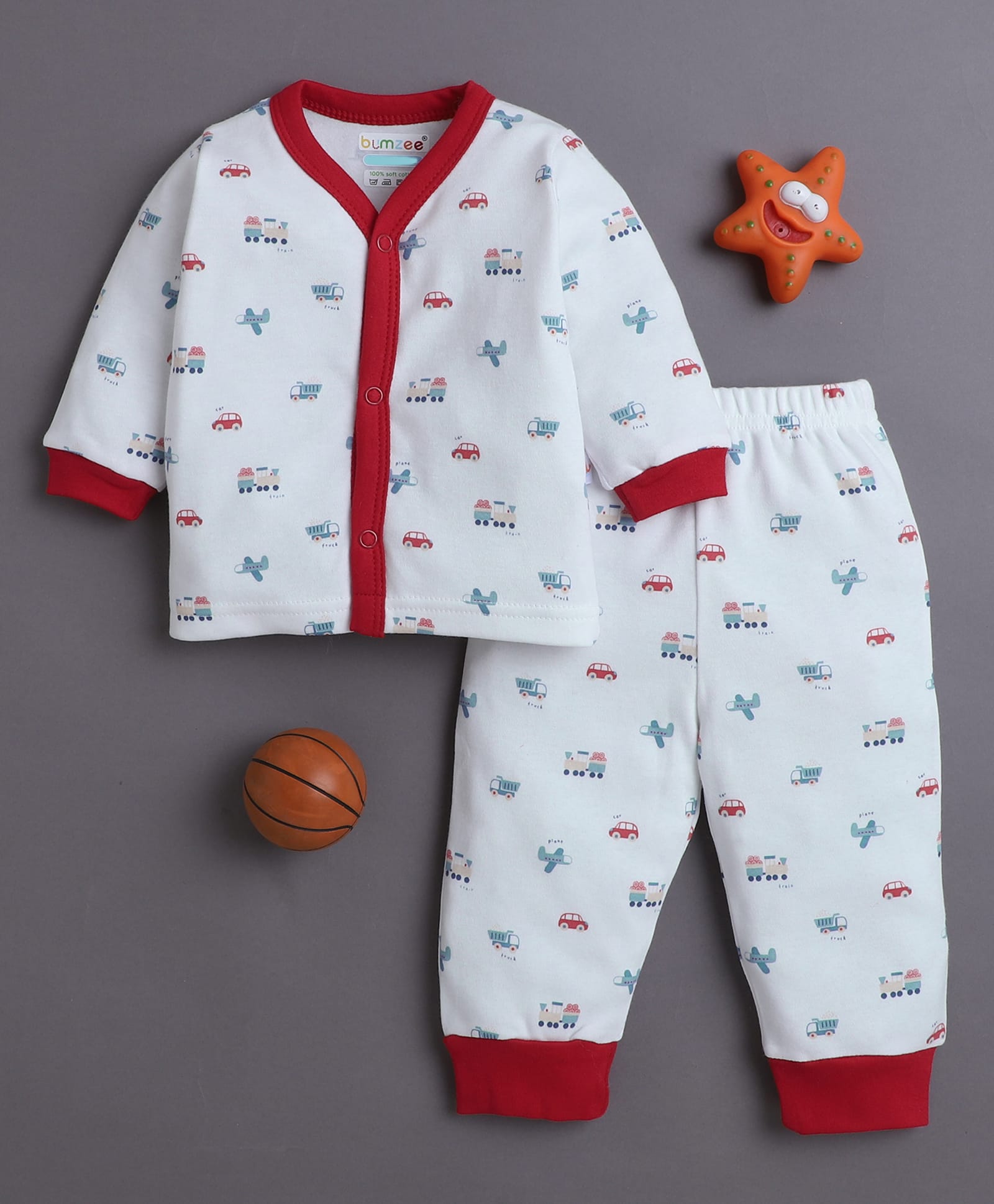 BUMZEE Cotton Knit Full Sleeves Vehicles Printed Coordinating Jhabla & Pyjama Set - White-image-24