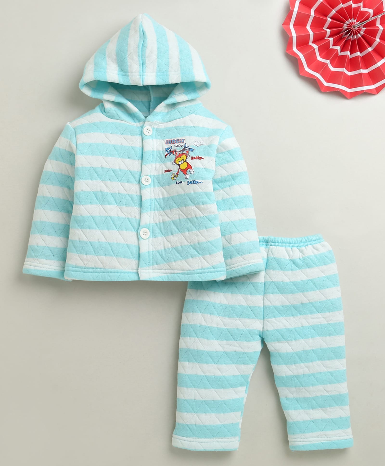 BUMZEE Polyfill Knit Full Sleeves Striped Monkey Printed Coordinating Winter Set - Blue-image-22