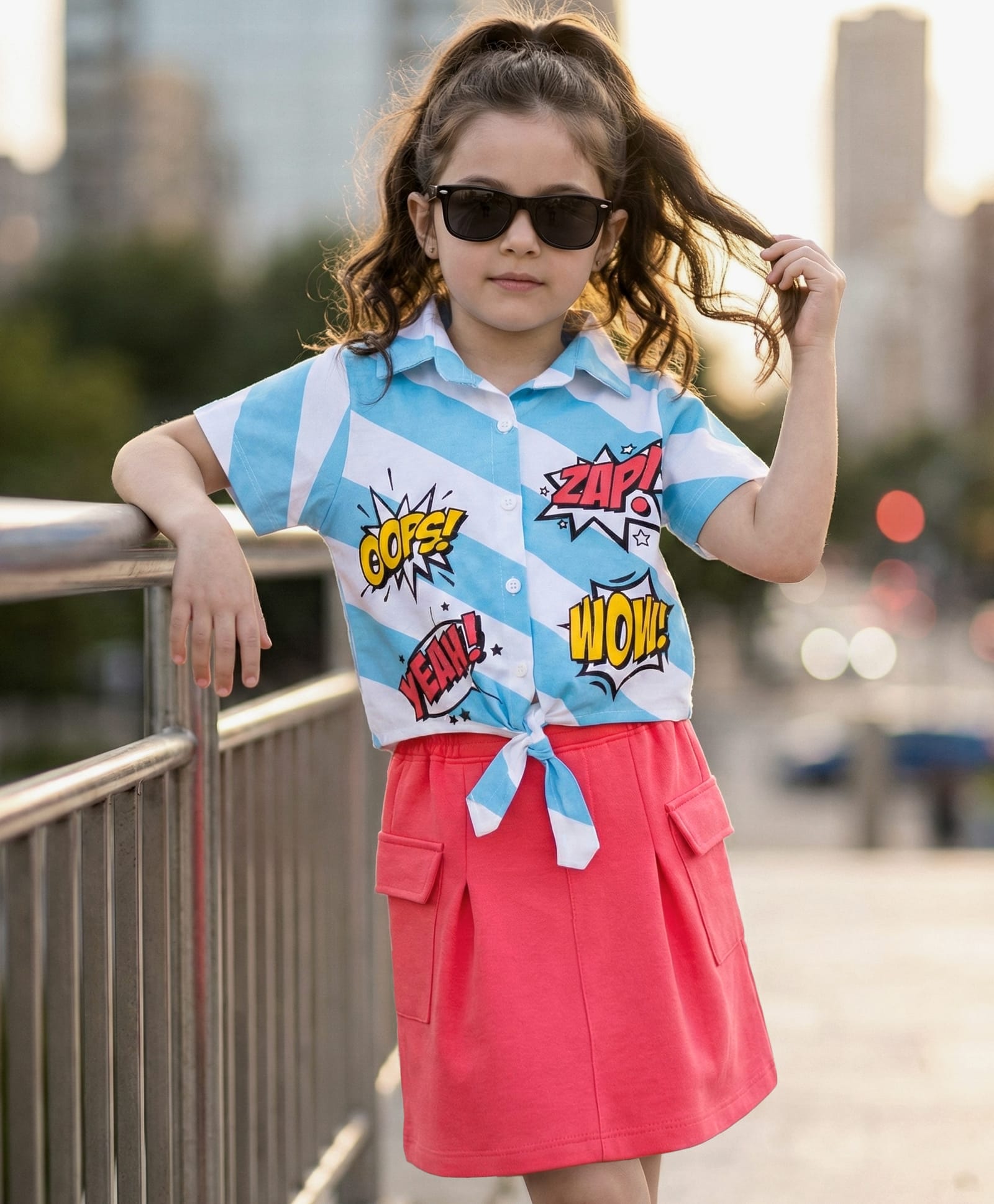 OLLINGTON ST. Cotton Half Sleeves Printed Shirt Top & Knit Skirt Set - Multicolor & Pink-image-37
