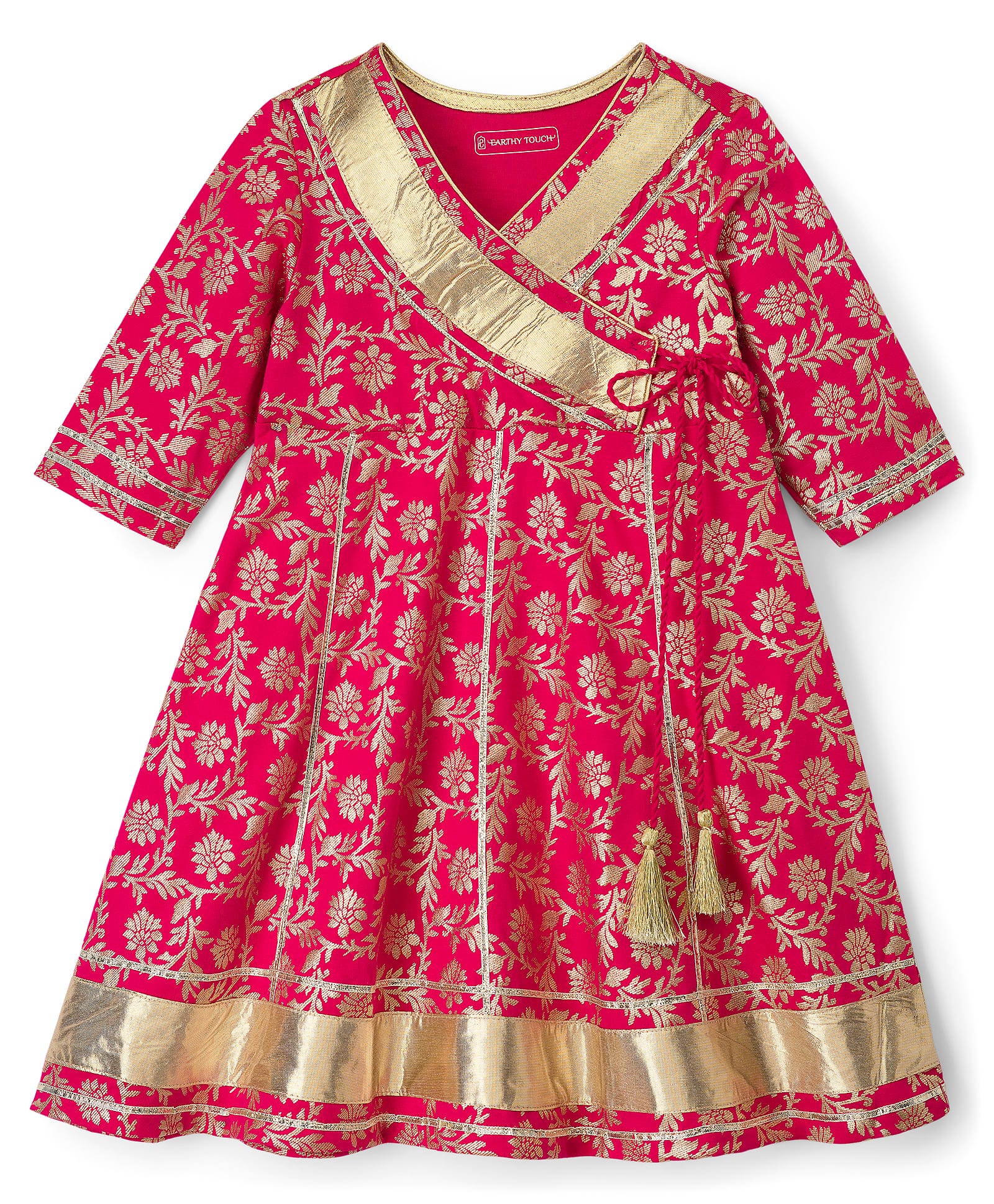 EARTHY TOUCH Single Jersey Knit Three Fourth Sleeves Ethnic Dress With Floral Foil Print - Dark Pink-image-40