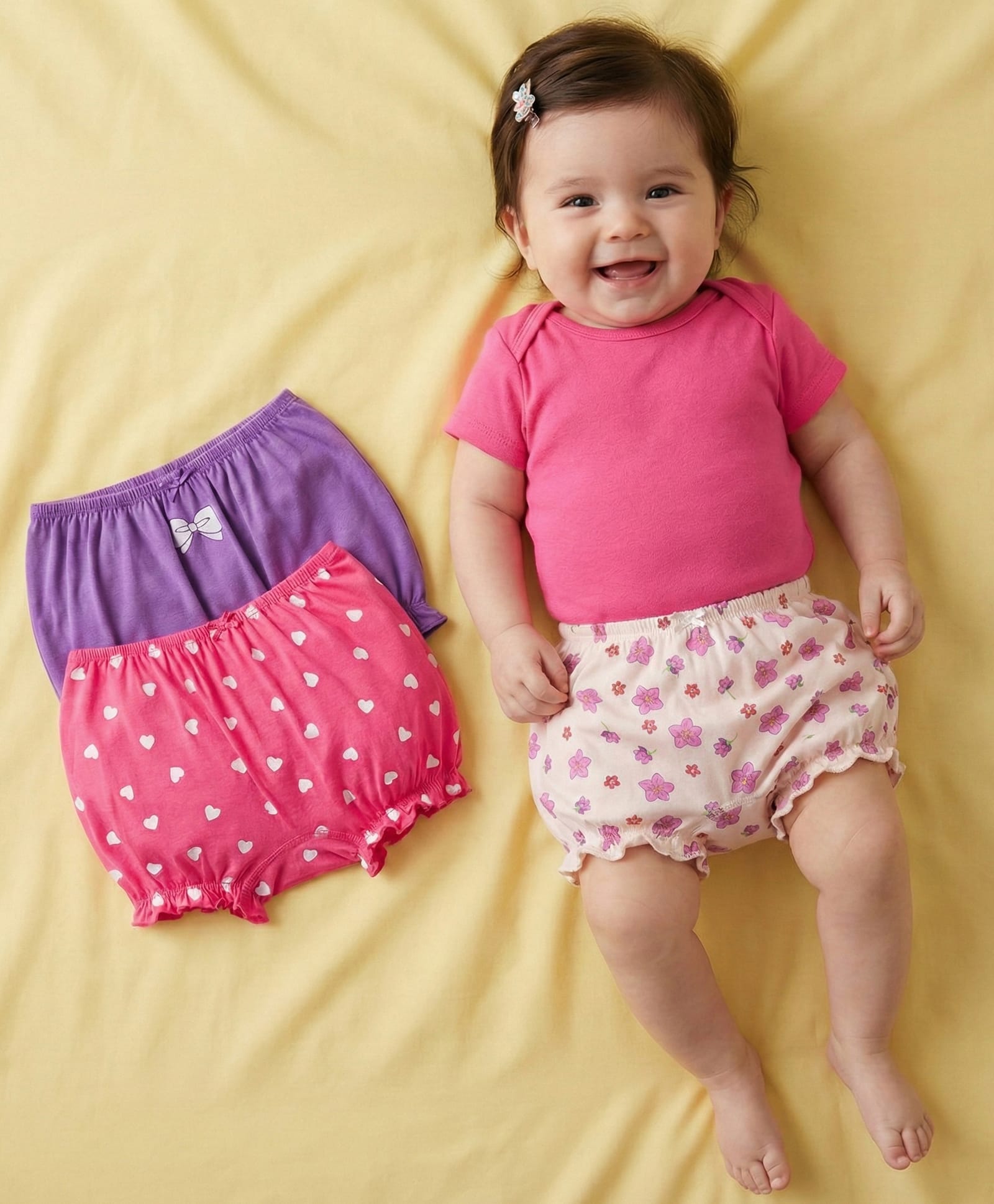 Babyoye Cotton Knit Bloomers with Floral & Heart Print Pack of 3 - Pink Purple & Beige-image-49