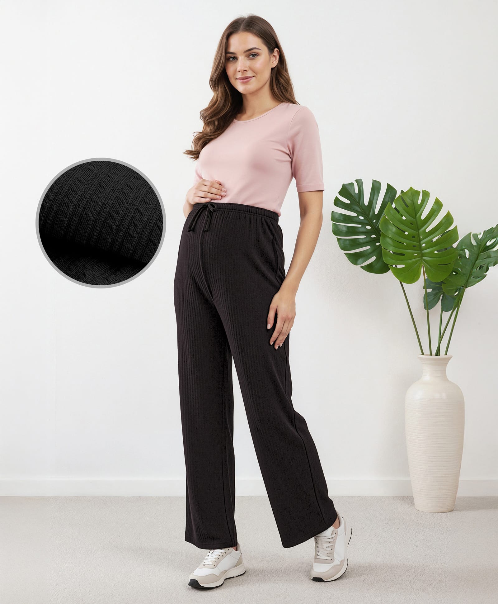 Bella Mama Full Length High Coverage Maternity Rib Knit Solid Coloured Pant - Black