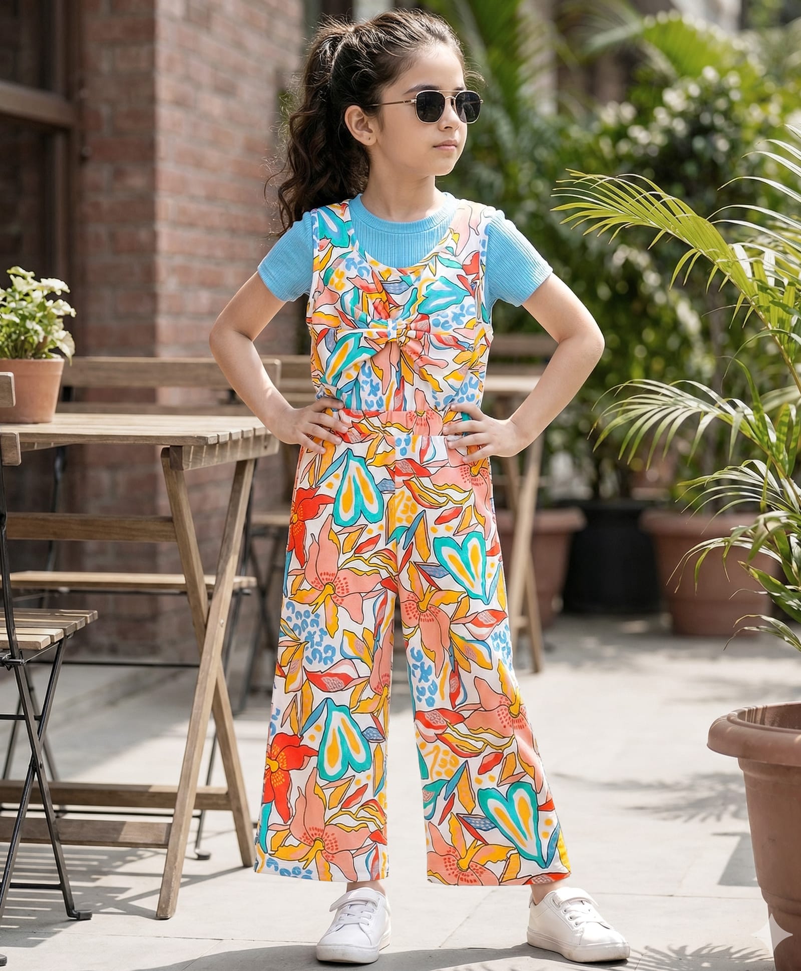 OLLINGTON ST. Cotton Lycra Rib Floral Printed Dungaree & Half Sleeves Inner Top - Multicolor & Light Blue-picture-26