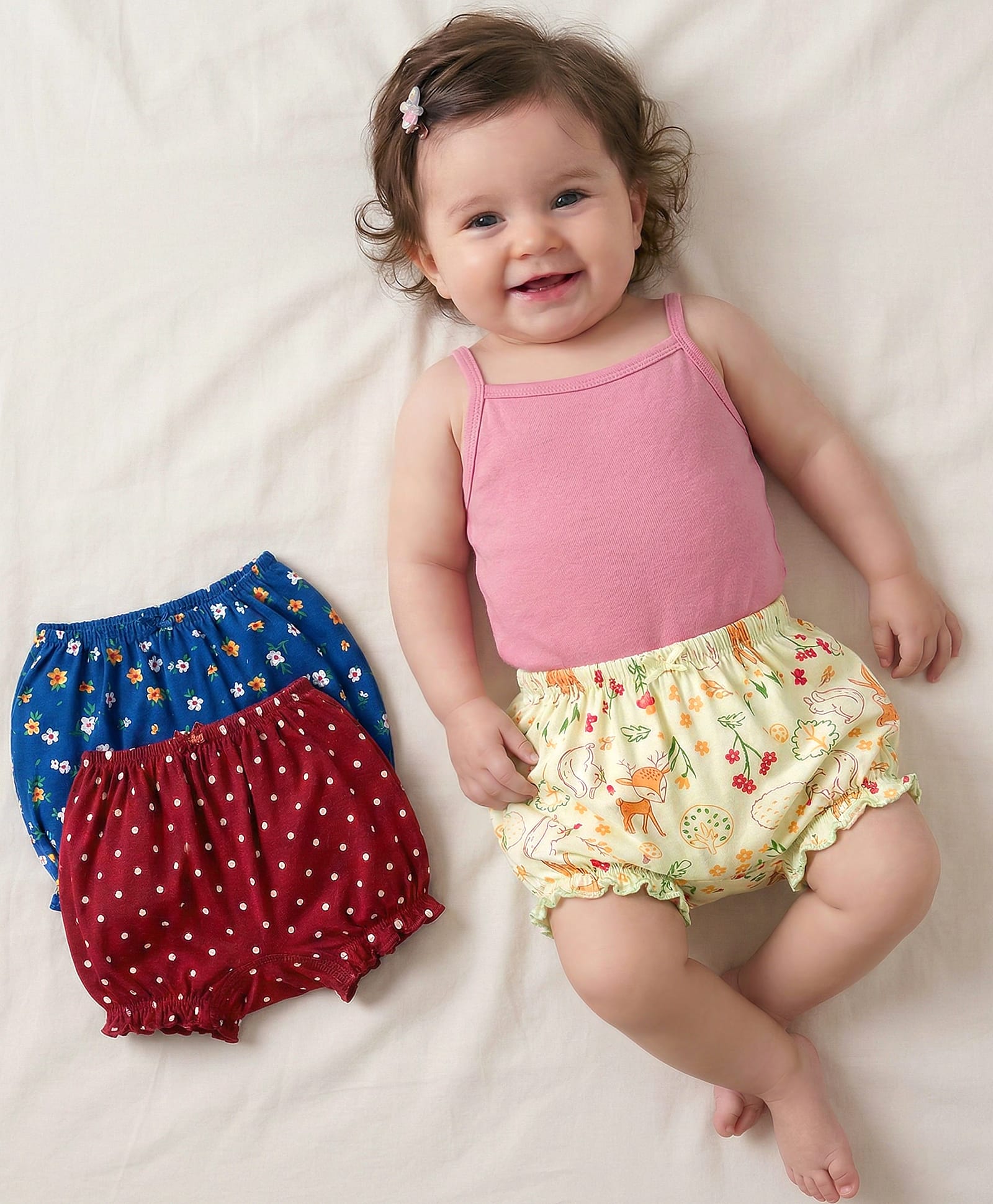 Babyoye Cotton Elastane Knit Bloomers with Floral & Polka Dot Print Pack of 3 - Maroon Navy Blue & Cream-image-46