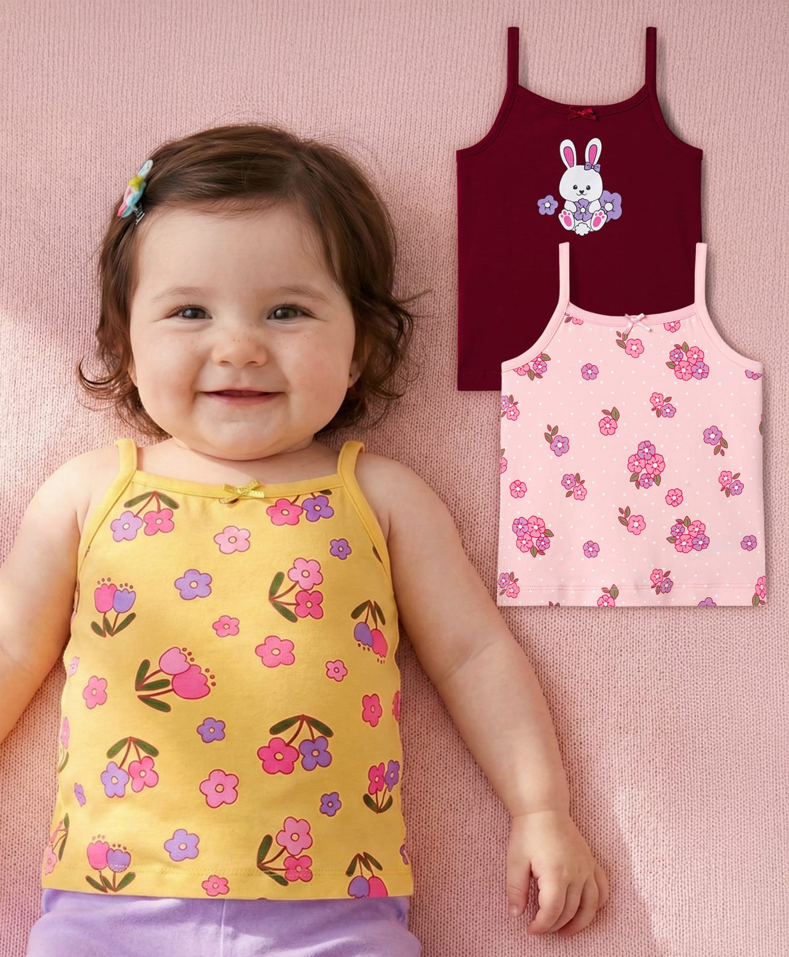 Babyoye Interlock Knit Sleeveless Slips With Floral Print Pack Of 3 - Yellow Pink & Brown-picture-11