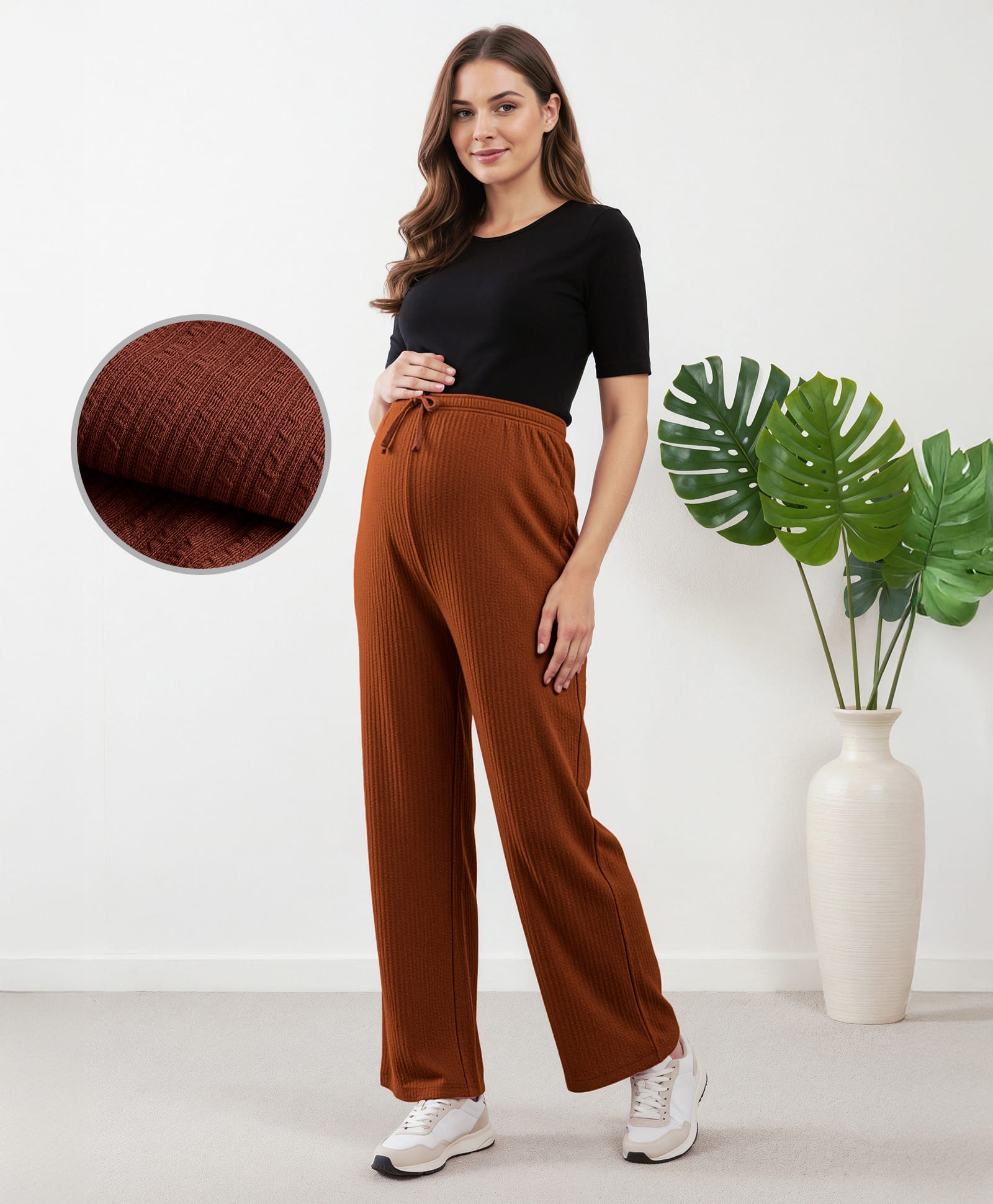 Bella Mama Full Length High Coverage Maternity Rib Knit Solid Coloured Pant - Brown