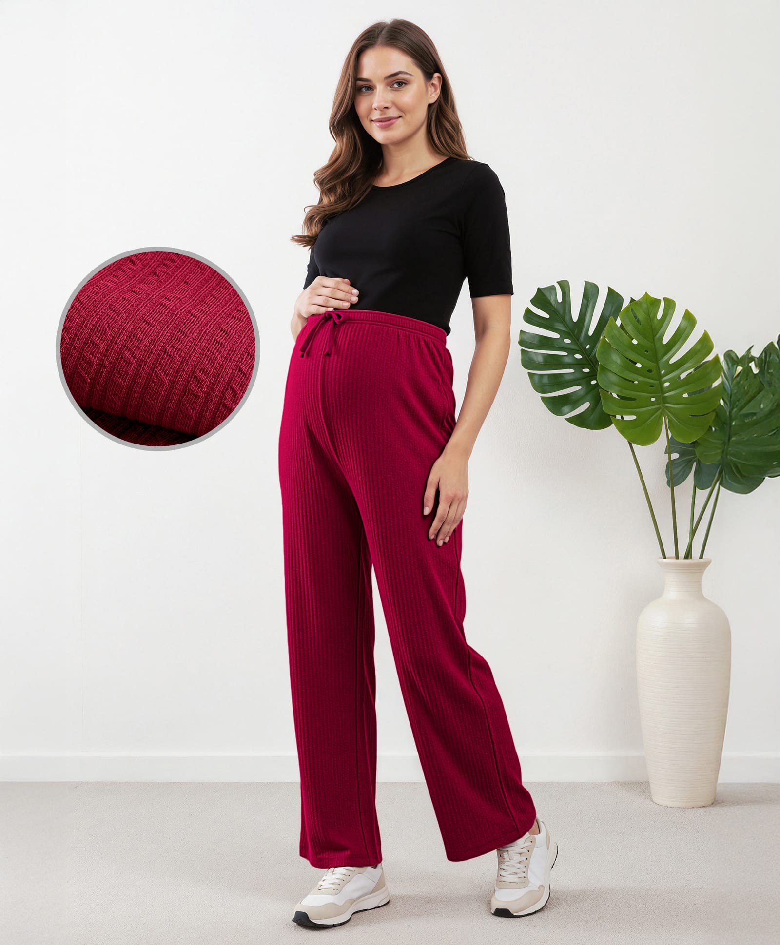 Bella Mama Full Length High Coverage Maternity Rib Knit Solid Coloured Pant - Maroon